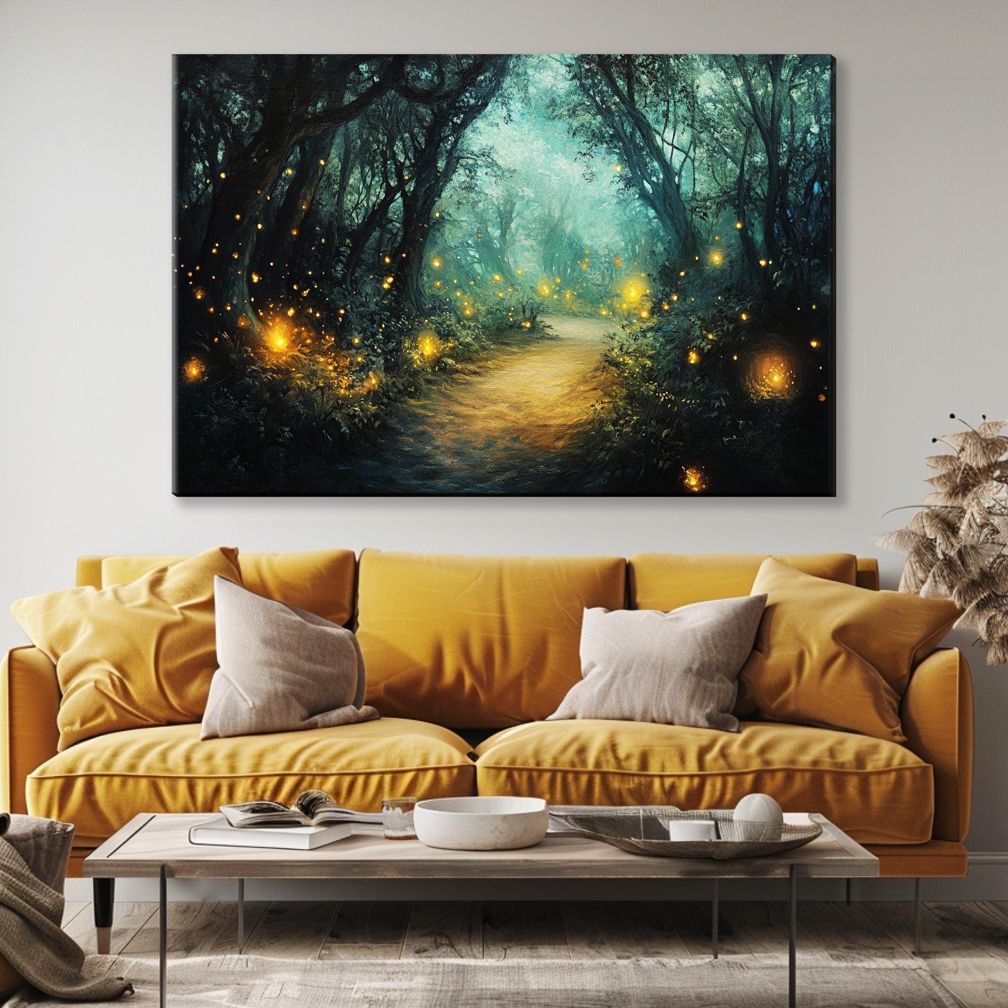 a living room with a couch and a painting on the wall