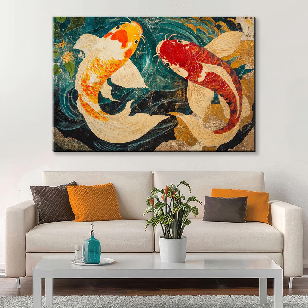 a living room with a couch and a painting on the wall