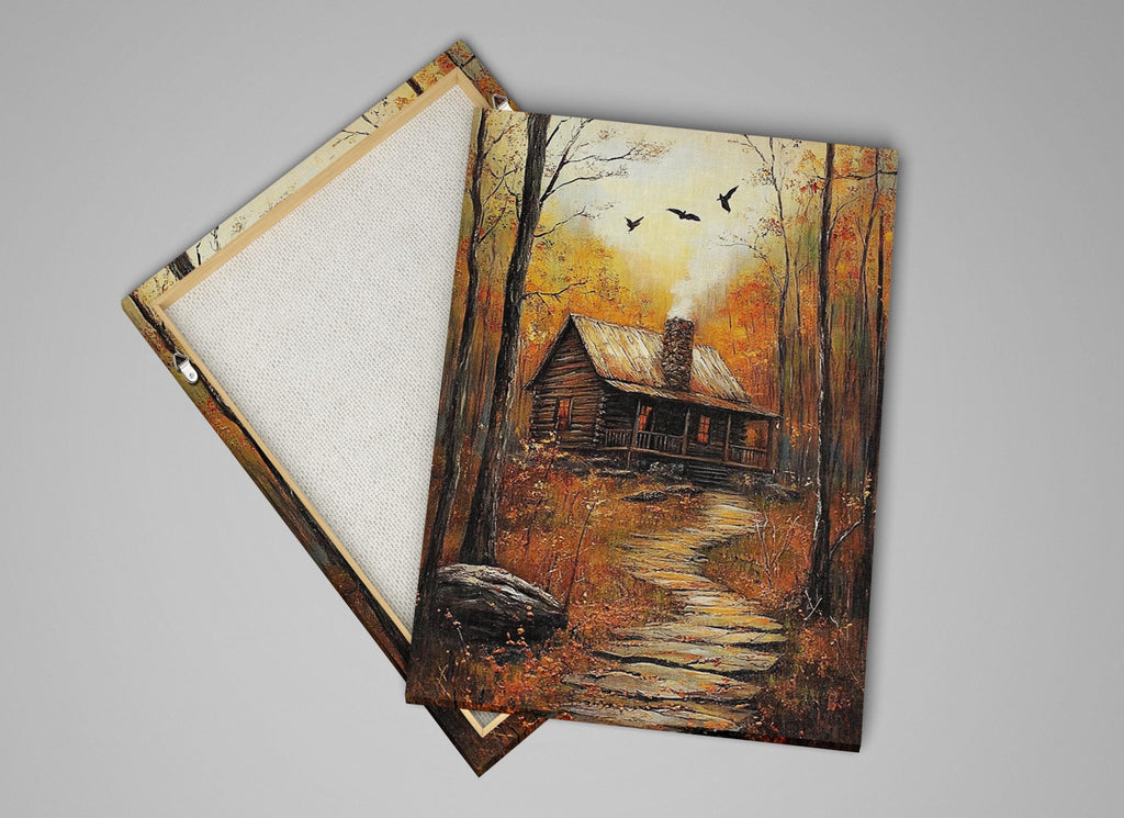 a rustic cabin nestled in a forest, with a winding path leading up to it and a flock of birds flying overhead.