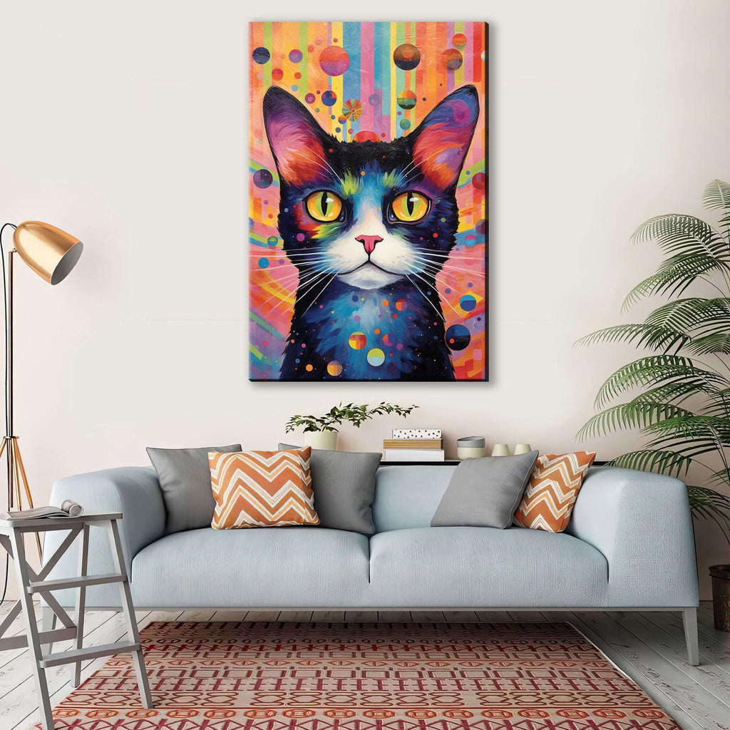 Cat Canvas Wall Art – Large Whimsical Kitten Painting | Colorful Cat Artwork