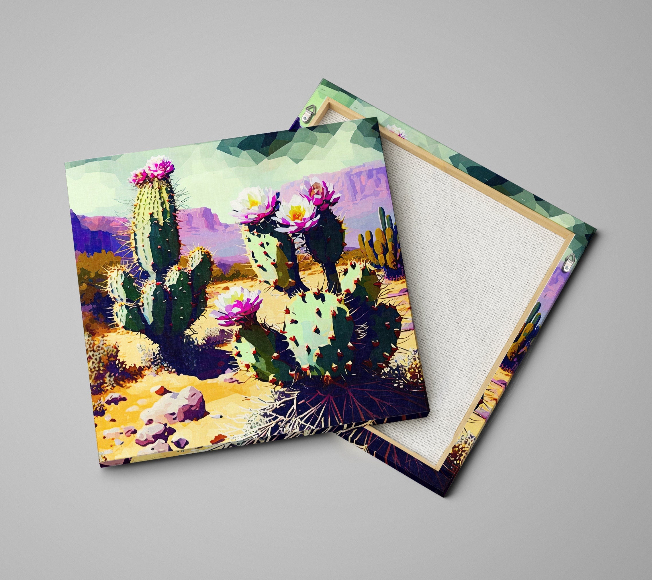 Desert Cactus Art – Purple Green Cactus Blossom on Gallery Wrapped Canvas, Ready to Hang