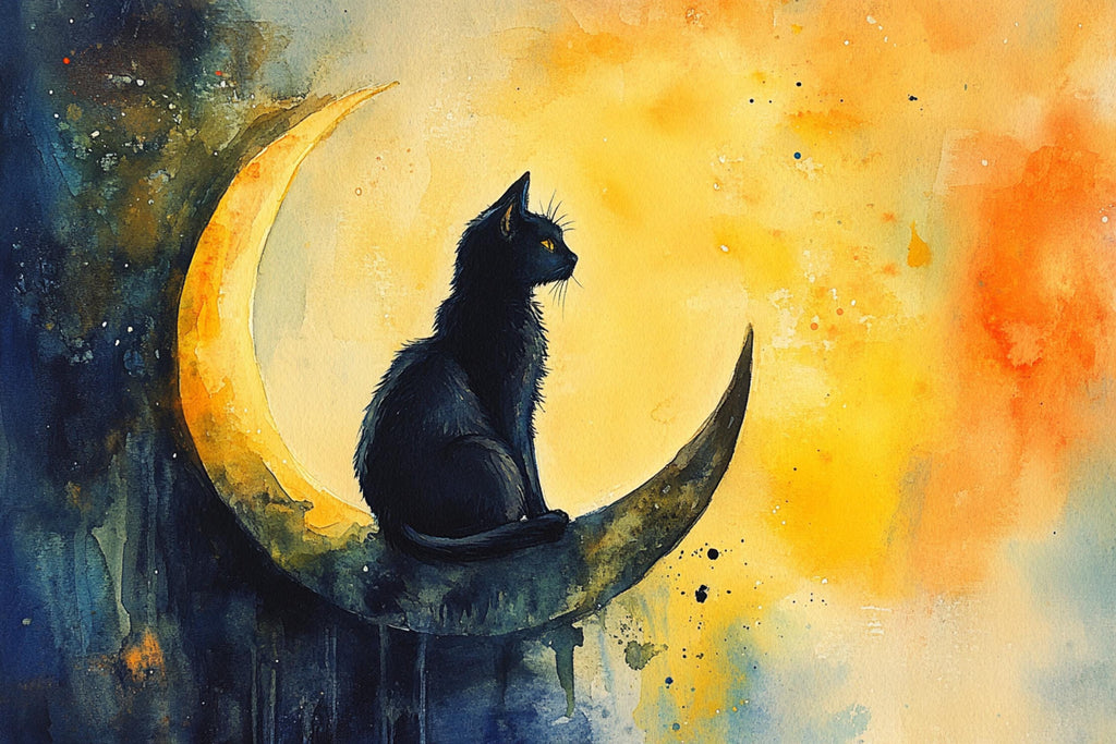 A black cat sits on a crescent moon against a vibrant yellow and orange background.