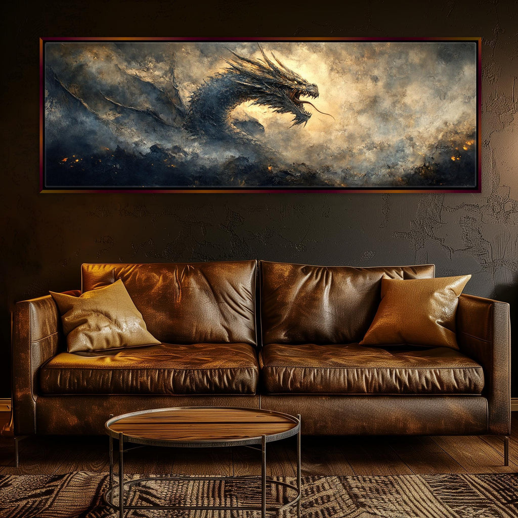 a living room scene with a couch and a large painting