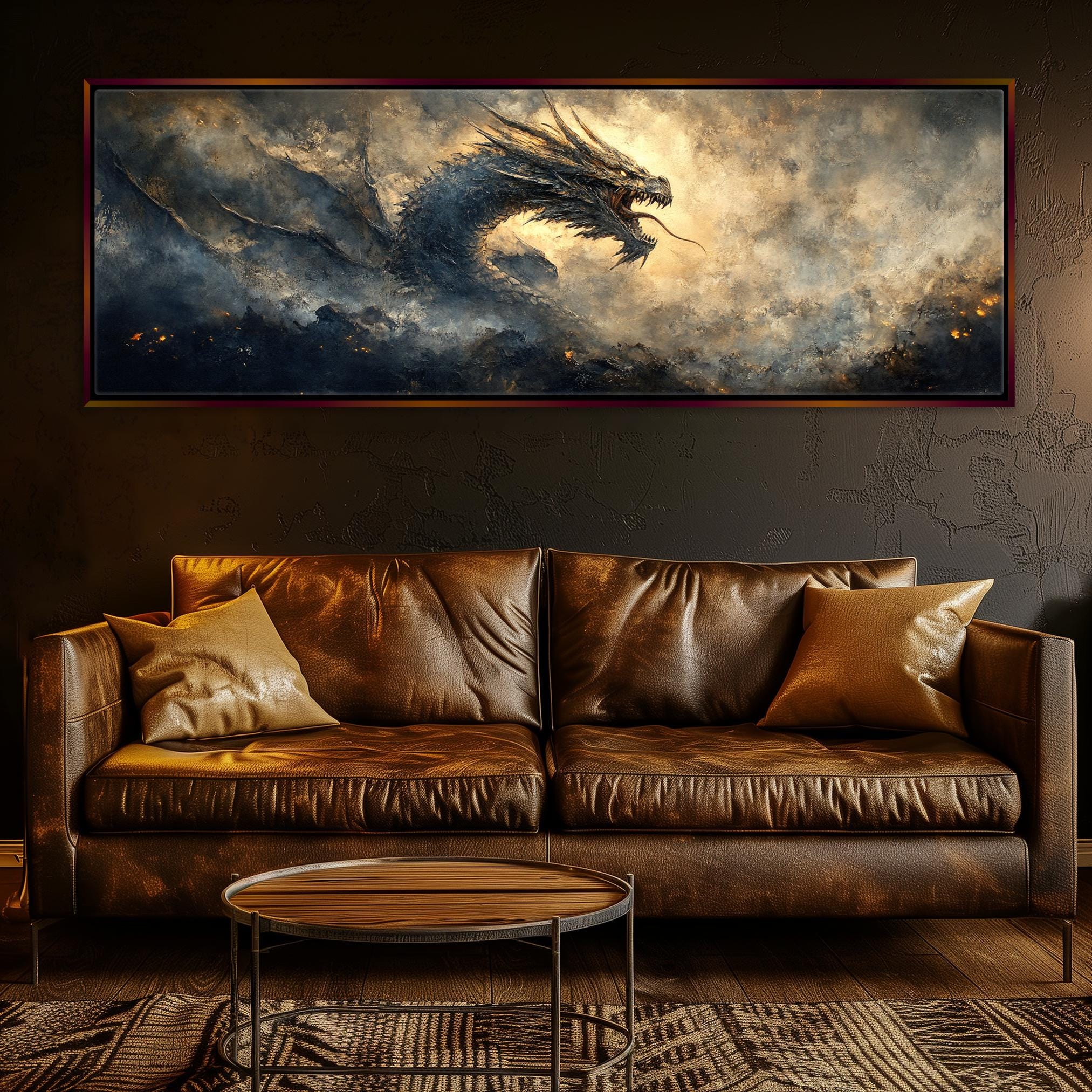 a living room scene with a couch and a large painting
