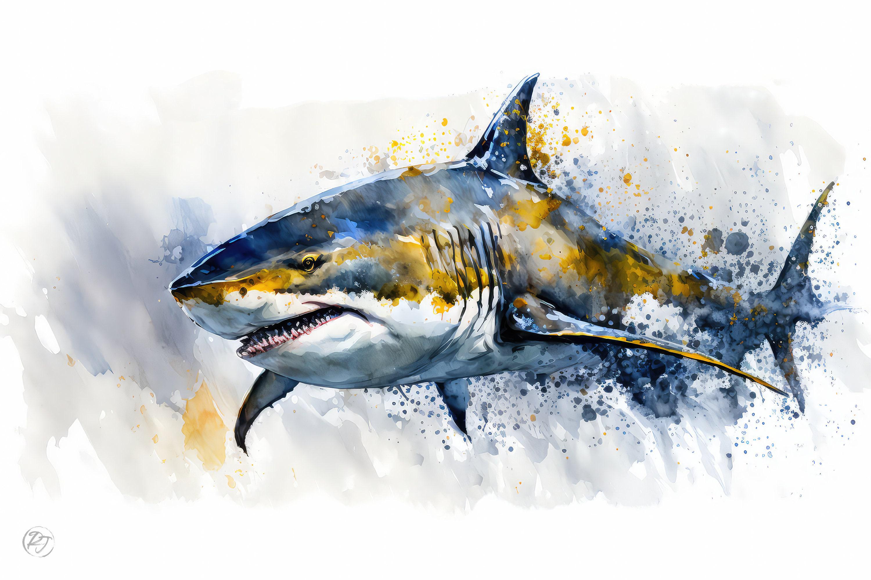 Shark Watercolor Art Print: Bright Ocean Wildlife Scene, Museum Rag Paper or Canvas (Framed or Unframed, Multiple Sizes)
