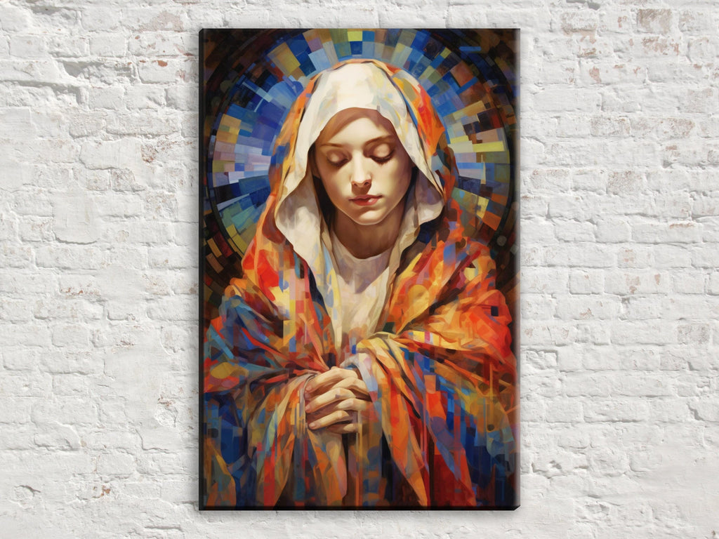 Virgin Mary Canvas Art – Large Gallery Wrapped Canvas with Soft Hues & Wood Frame