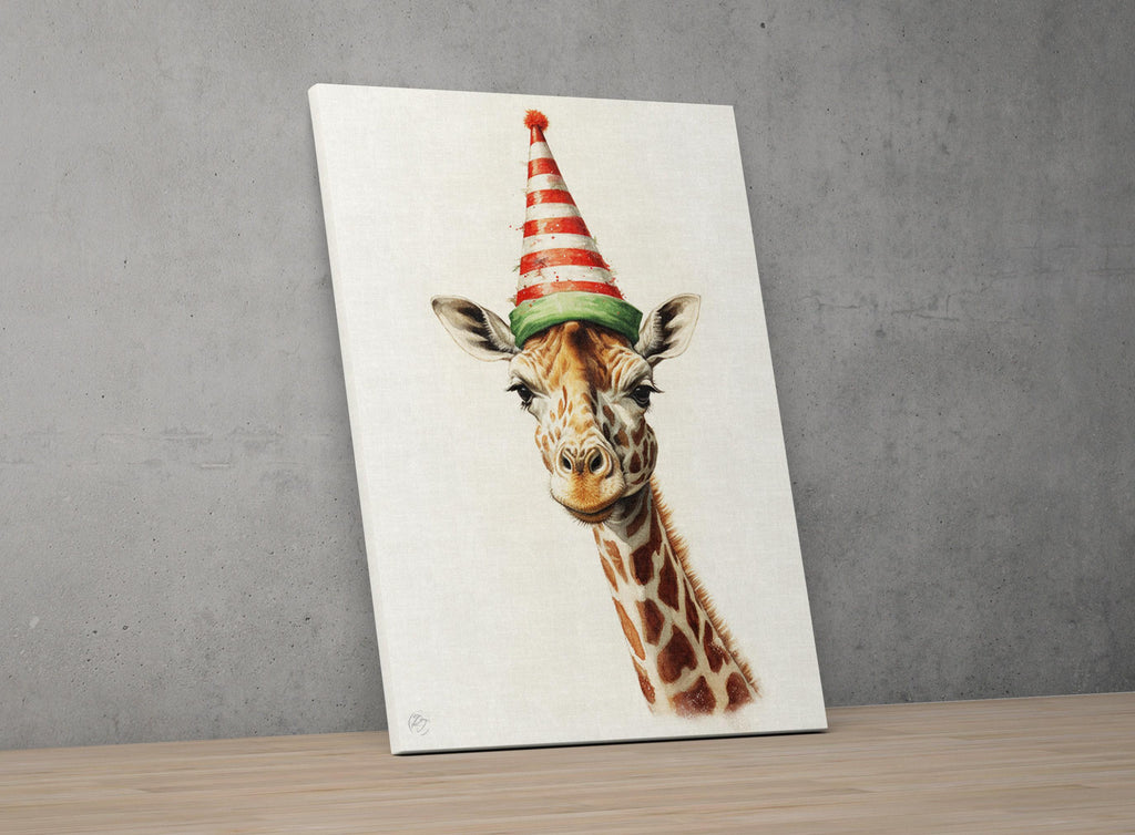 Christmas Safari - Watercolor Giraffe with Santa Hat, Giclee Print on Canvas, Artist Paper, Watercolor Paper, Available in Extra Large Sizes