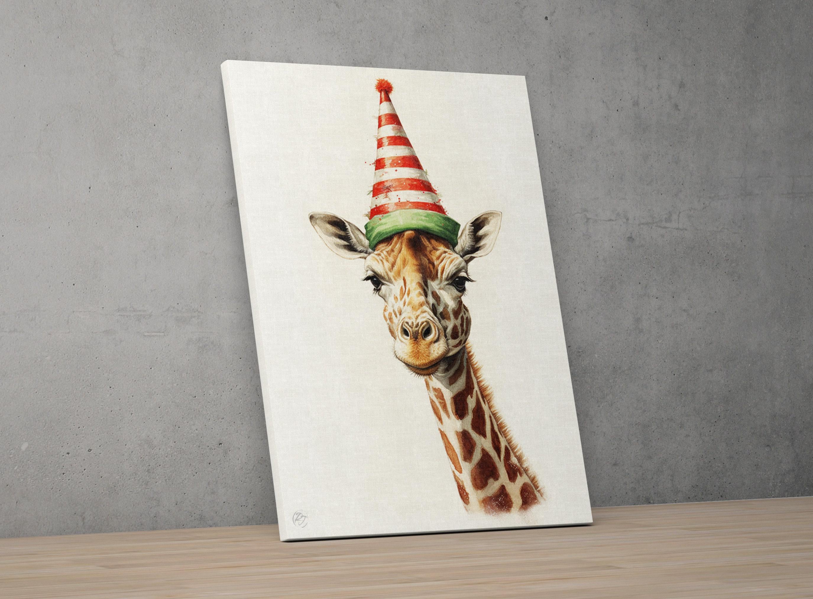 Christmas Safari - Watercolor Giraffe with Santa Hat, Giclee Print on Canvas, Artist Paper, Watercolor Paper, Available in Extra Large Sizes