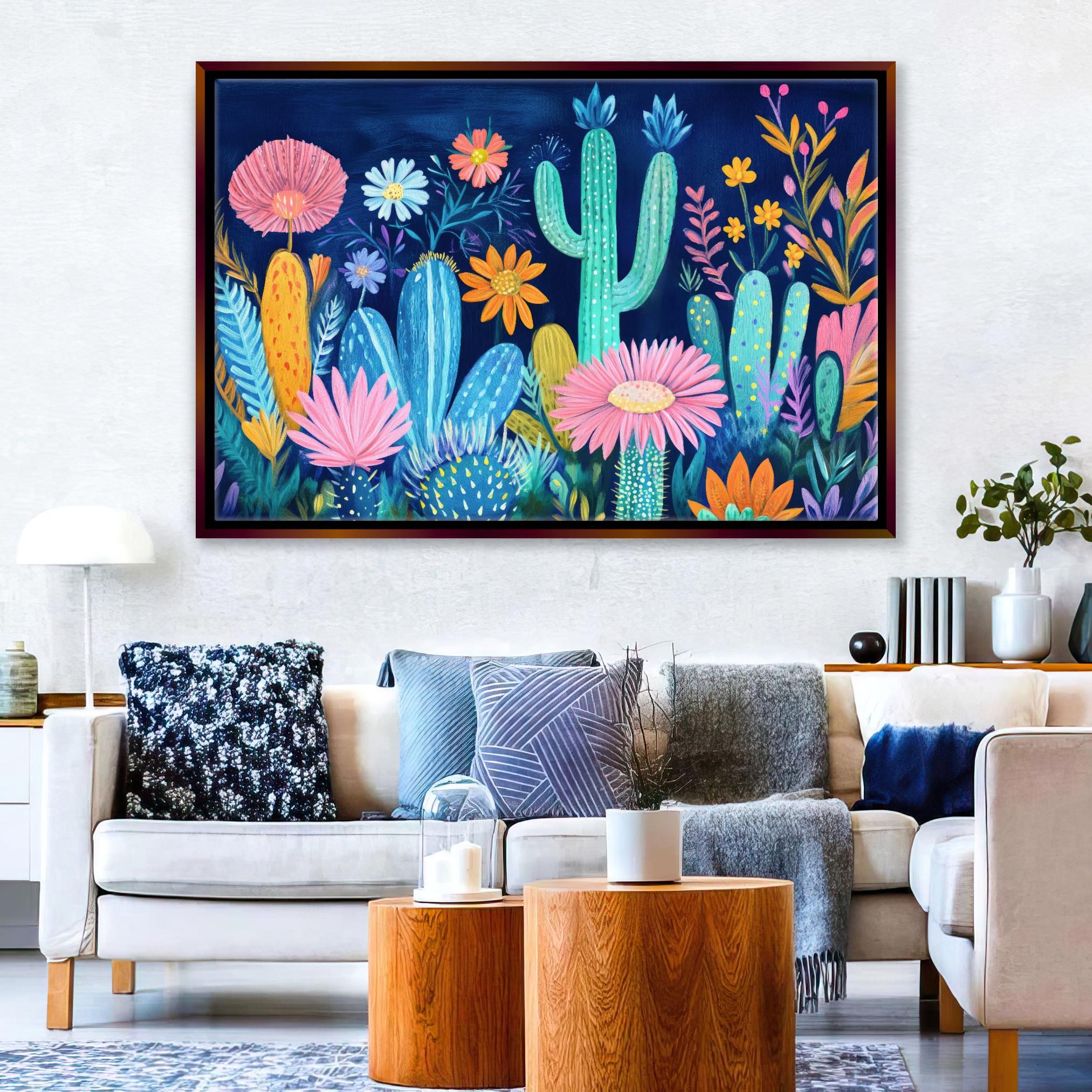 Boho Cacti Canvas Print | Bright Colorful Wall Decor - Framed Mexican Folk Art, Ready to Hang