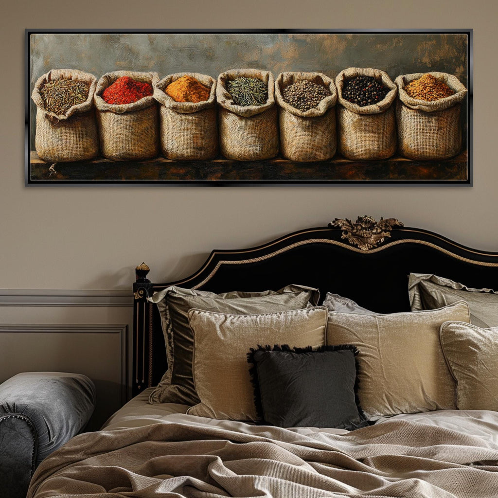 a picture of a bed with a bunch of bags of spices on it