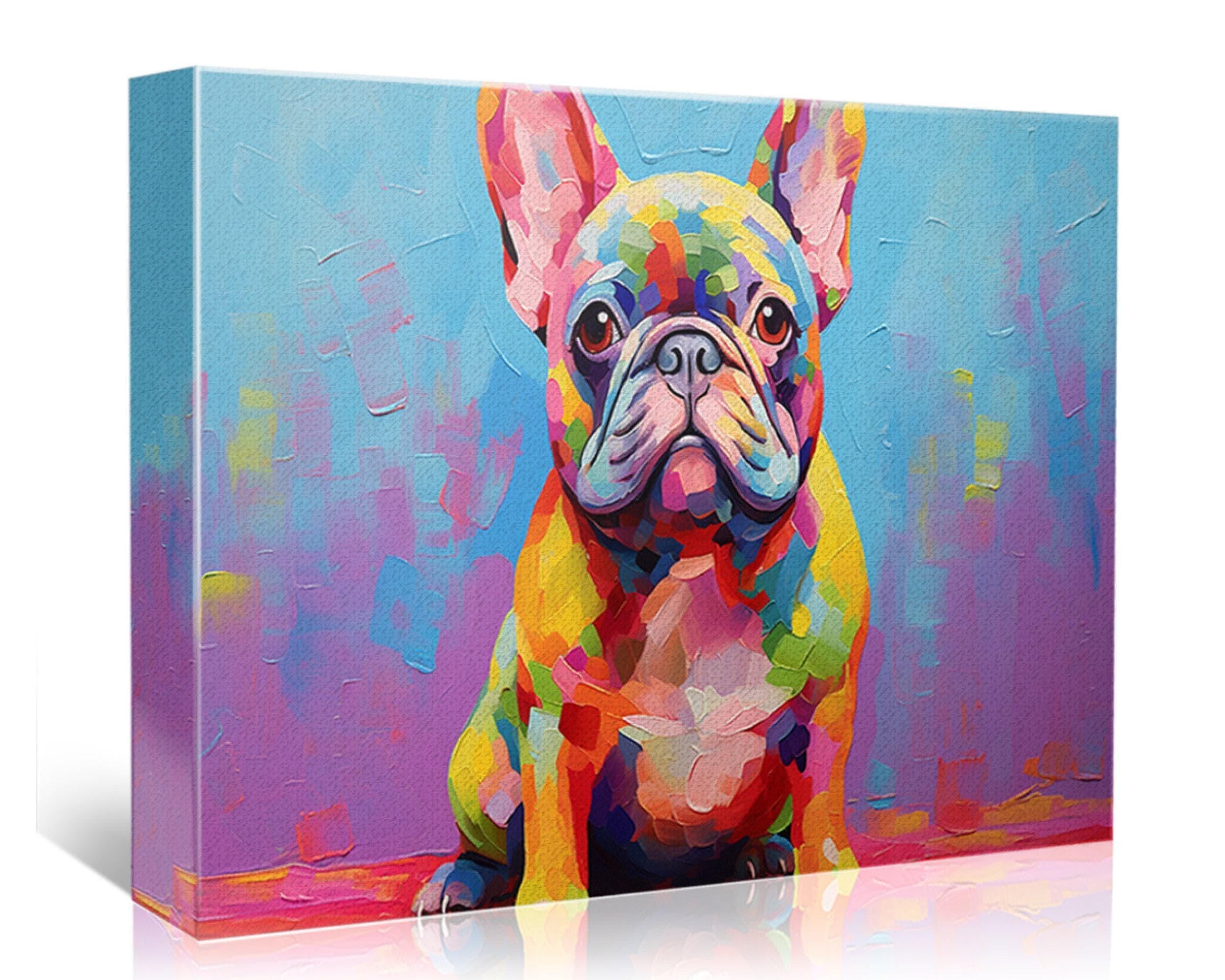 A colorful painting of a French Bulldog sitting on a pink and blue background.