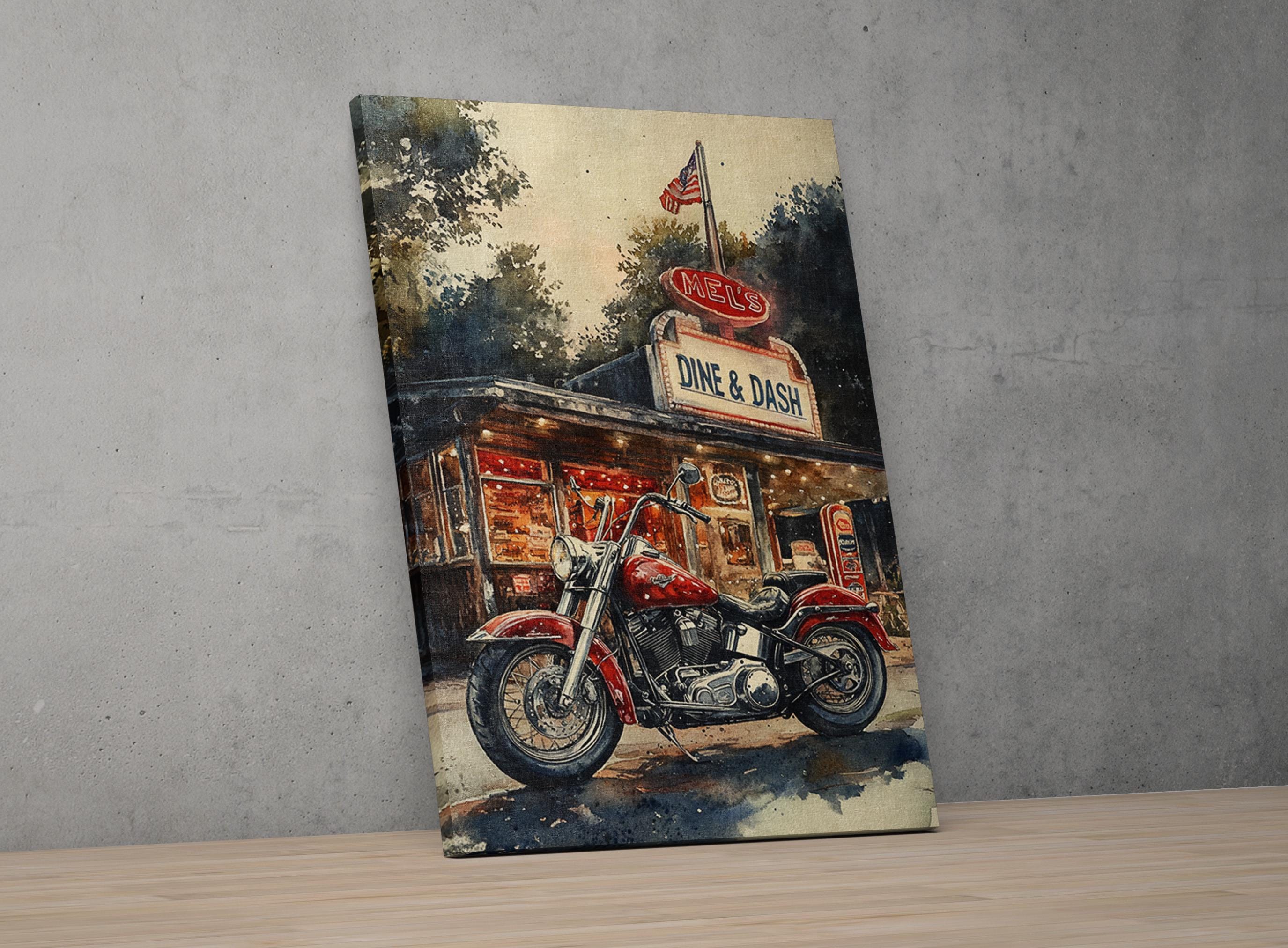 The image is a painting of a red motorcycle parked in front of a restaurant called "Mels DASH".