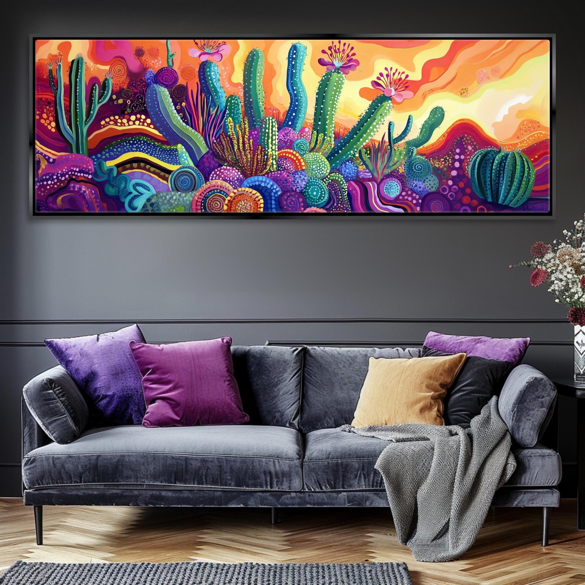 Saguaro Cactus Canvas Panoramic Wall Art – Large Framed Gallery Wrapped Print