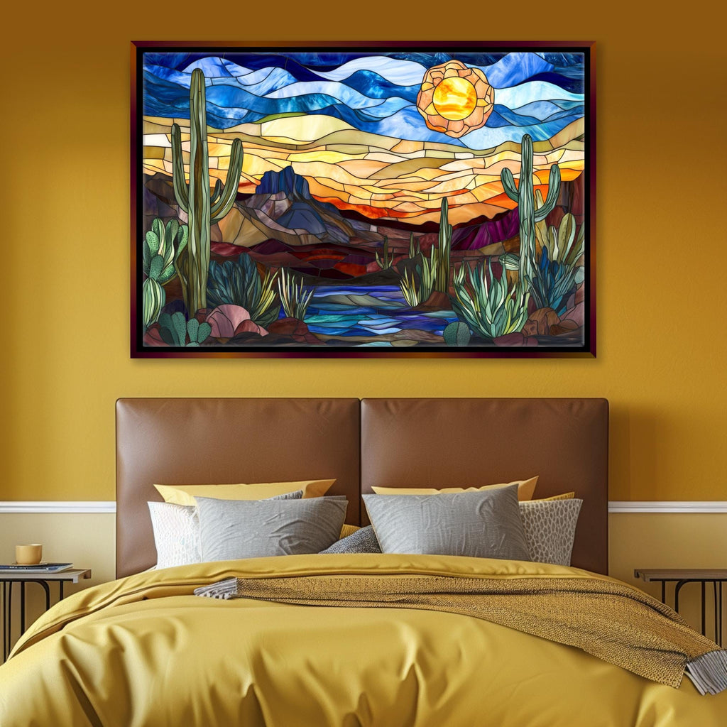 a painting of a desert scene on a wall above a bed