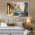 a painting of a blue car on a city street