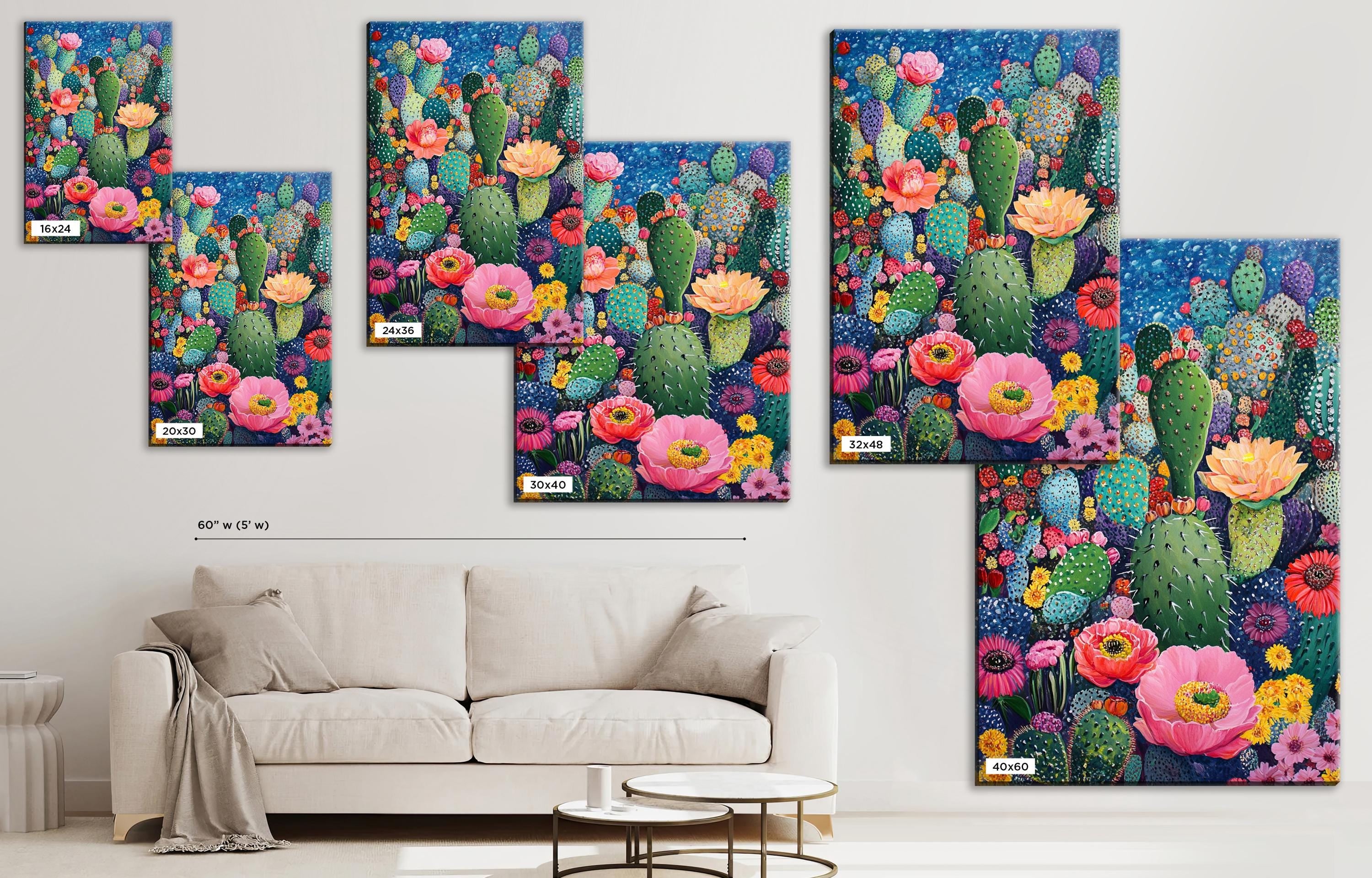 a living room with a couch and paintings on the wall