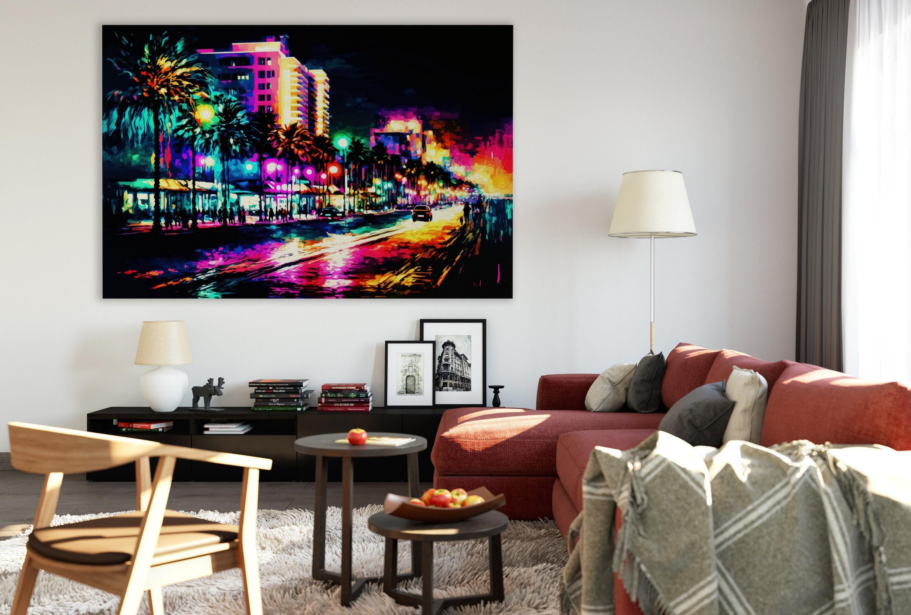 South Beach Canvas Art - Miami Skyline Art | Colorful Painting Print on Gallery-Ready Canvas