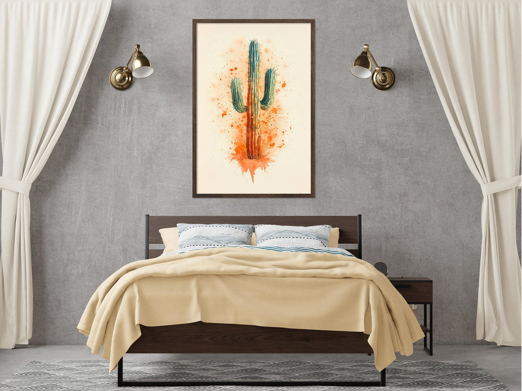 a bedroom with a bed, a nightstand, and a framed picture of a cactus on the wall above the bed.