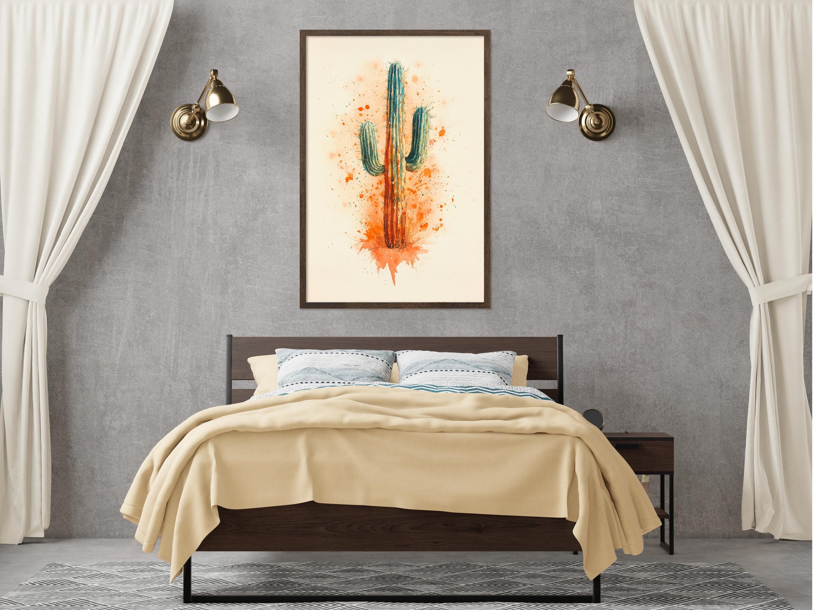 a bedroom with a bed, a nightstand, and a framed picture of a cactus on the wall above the bed.