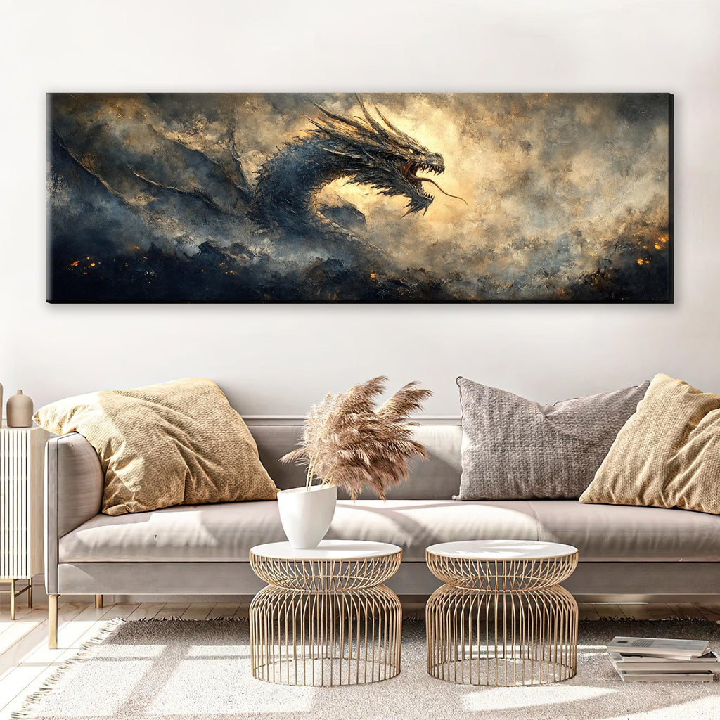 a living room with a couch and a painting on the wall