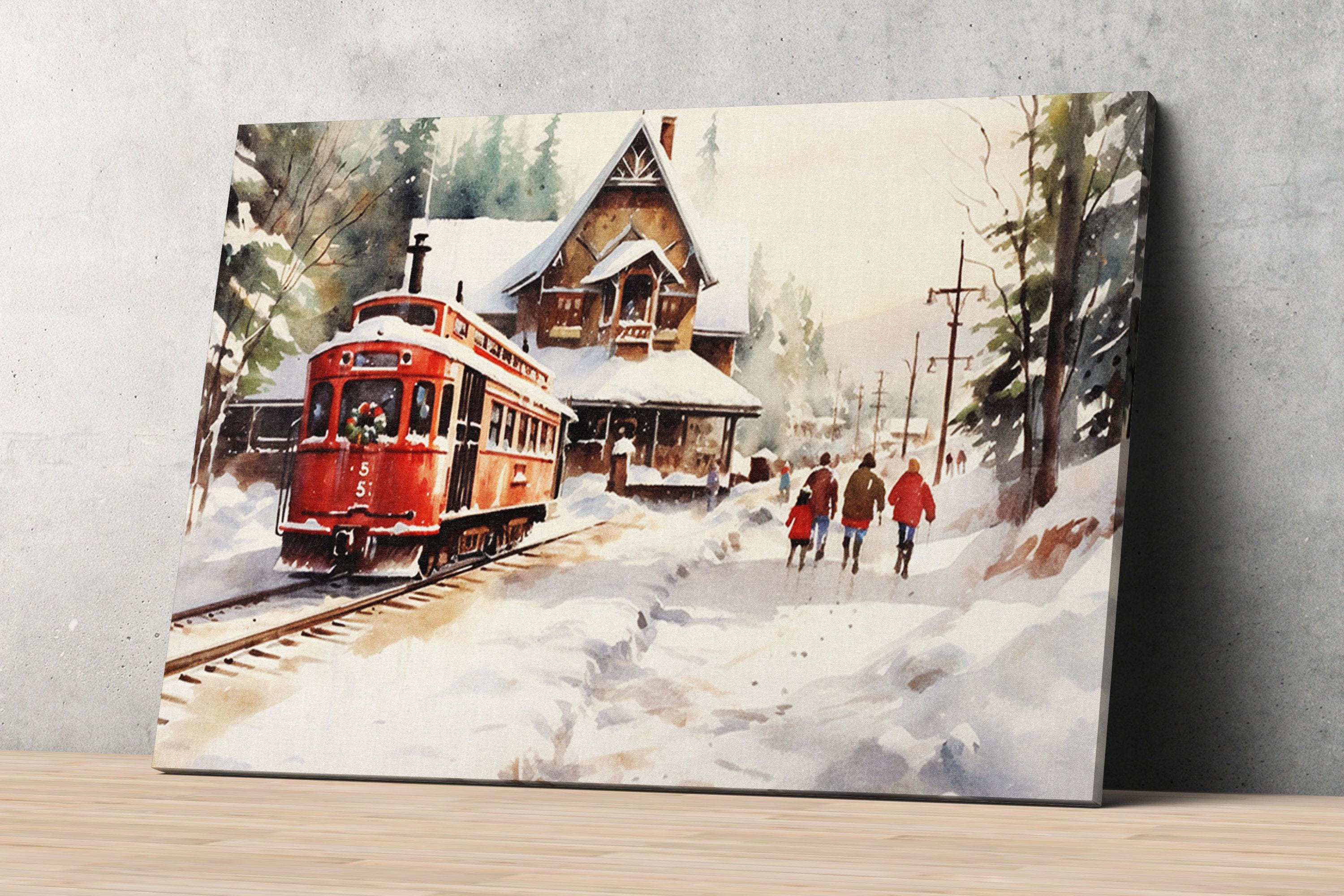 Winter Train Station Watercolor - Christmas Wall Art, Giclee Print on Canvas, Artist Paper, Watercolor Paper, Available in Extra Large Sizes