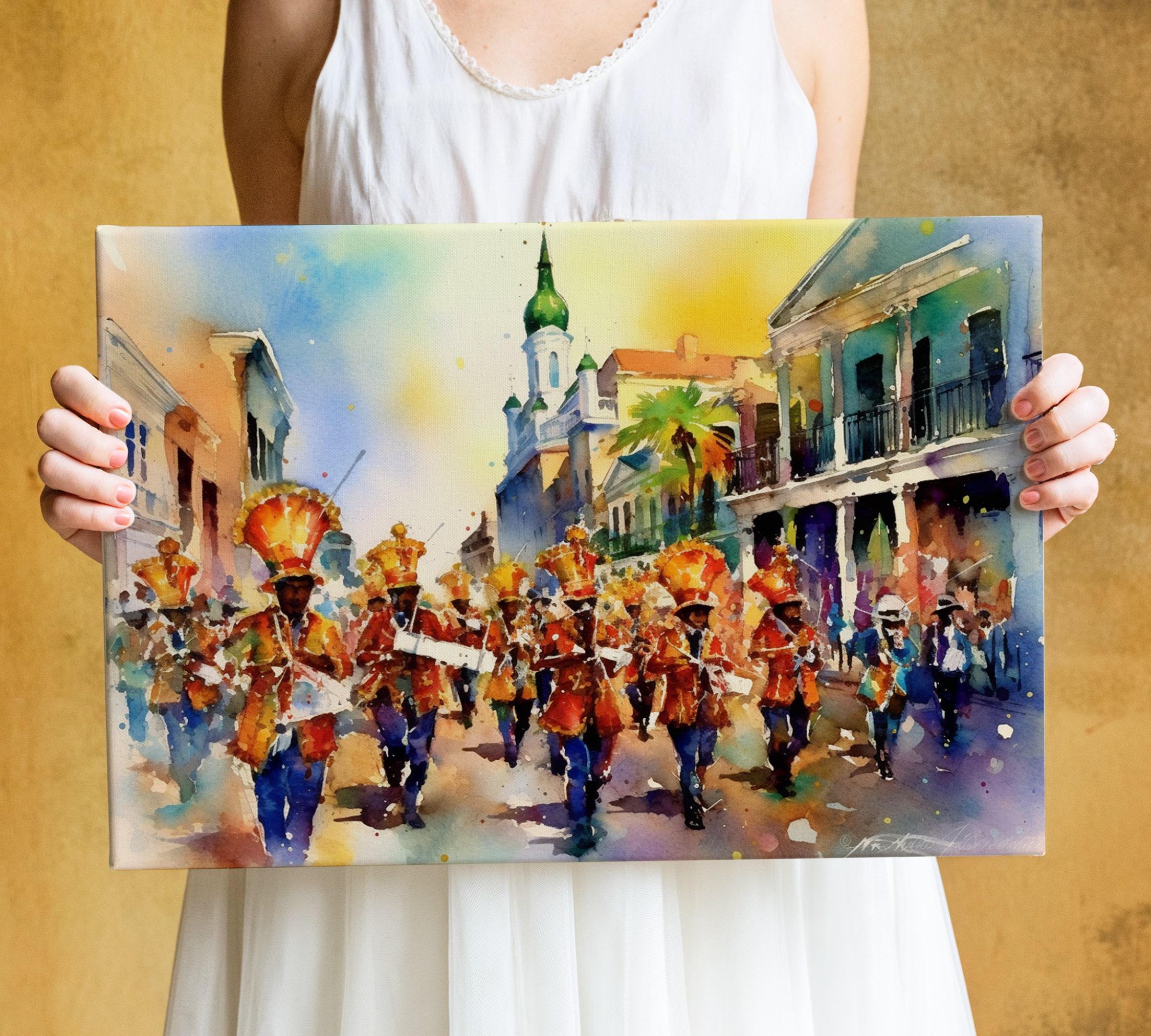 Mardi Gras Marching Band Watercolor – NOLA Parade, Giclee Print on Canvas, Artist Paper, Watercolor Paper, Available in Extra Large Sizes