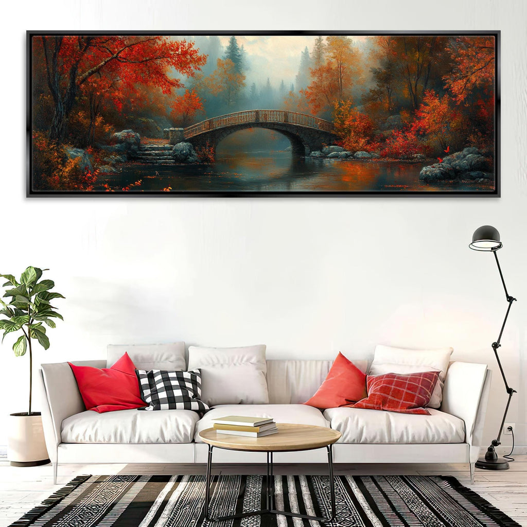 Autumn Countryside Canvas - Extra Large Framed Cozy Fall Wall Art, Panoramic Gallery Wrapped
