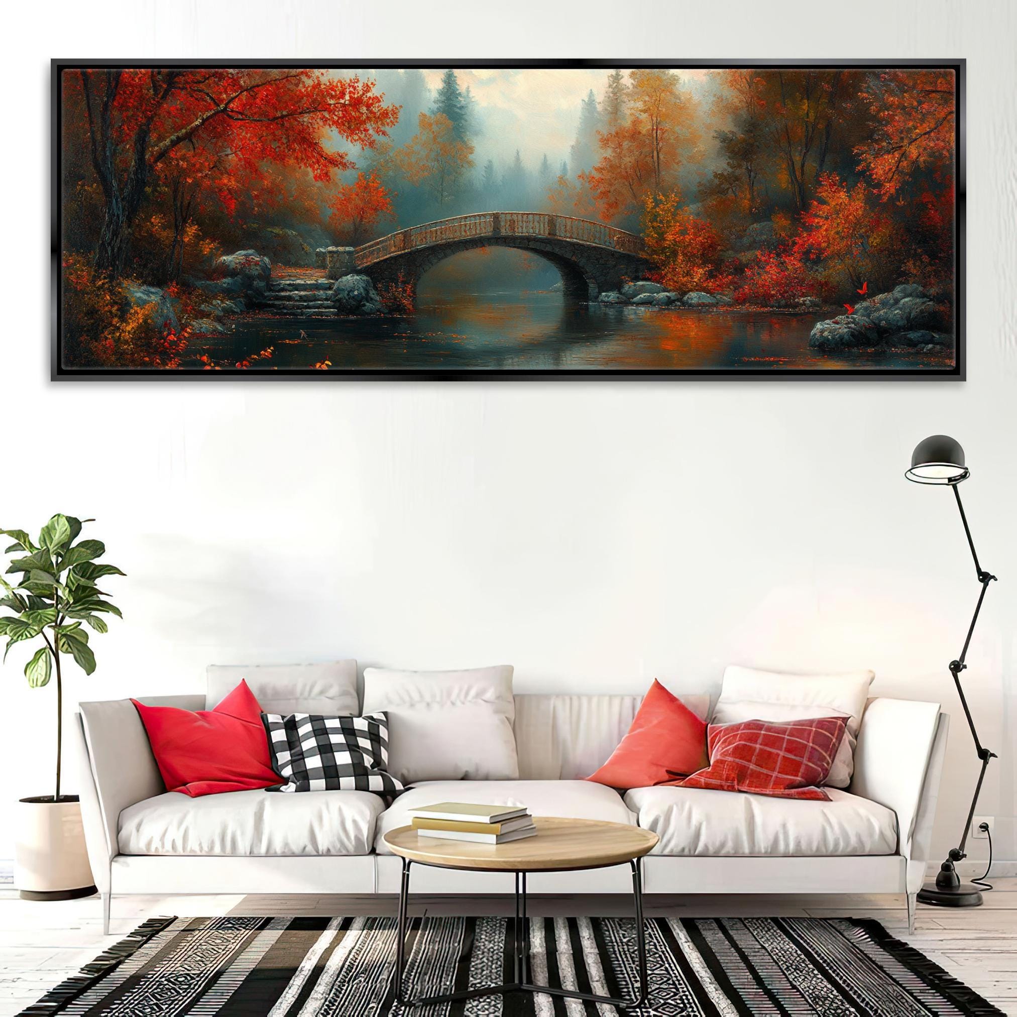 Autumn Countryside Canvas - Extra Large Framed Cozy Fall Wall Art, Panoramic Gallery Wrapped