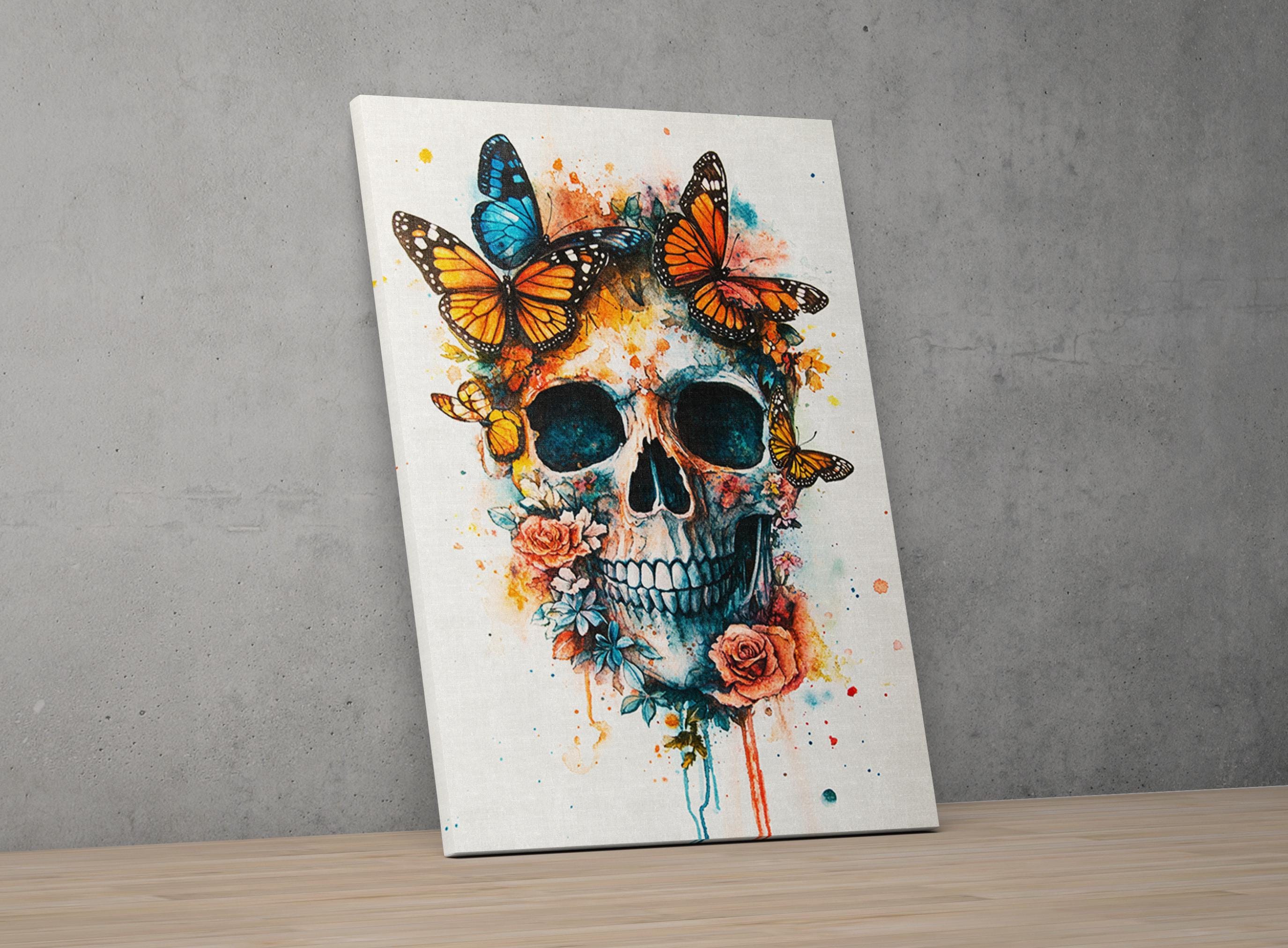 A colorful and intricate skull design with butterflies and flowers, creating a striking and artistic visual.