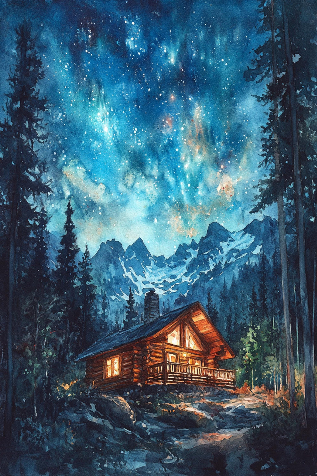 A cozy log cabin nestled in a serene forest, with a starry night sky and majestic mountains in the background.