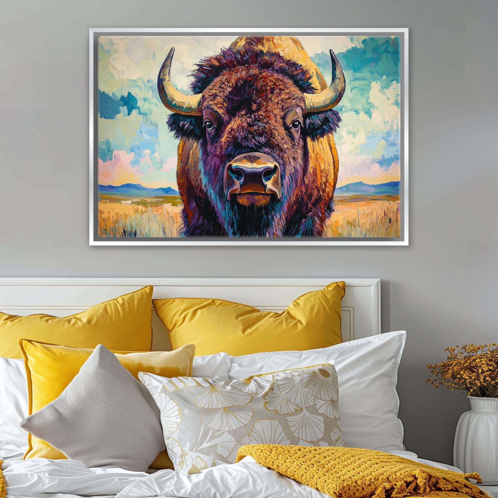 a large painting of a bison with horns hanging on a wall above a bed with yellow pillows and a yellow blanket.
