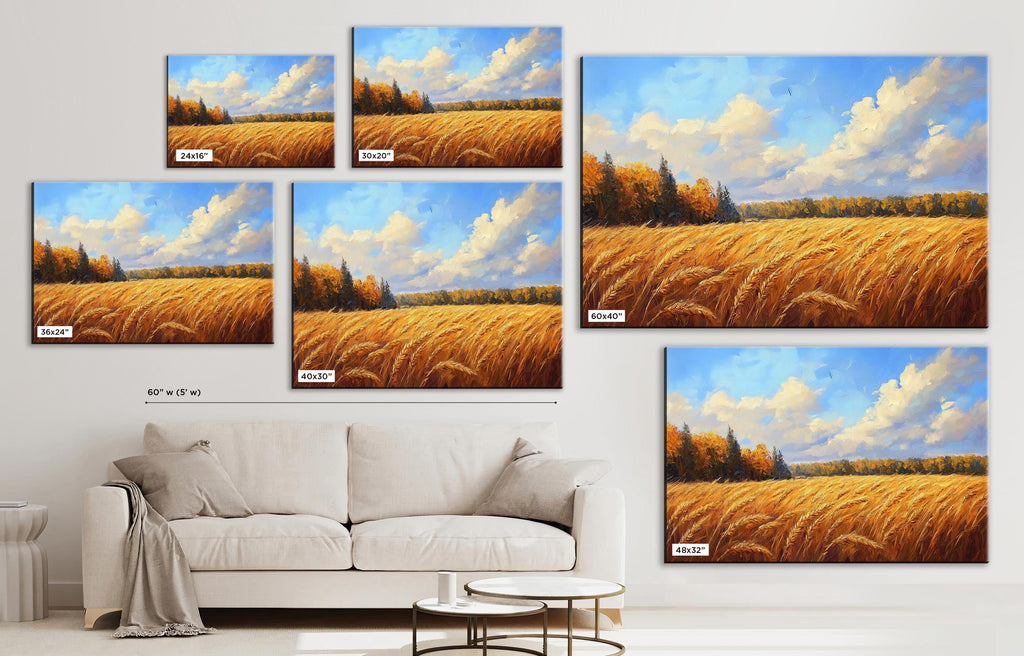 The image is a collage of six paintings depicting a serene landscape of a field of golden wheat under a blue sky with clouds.