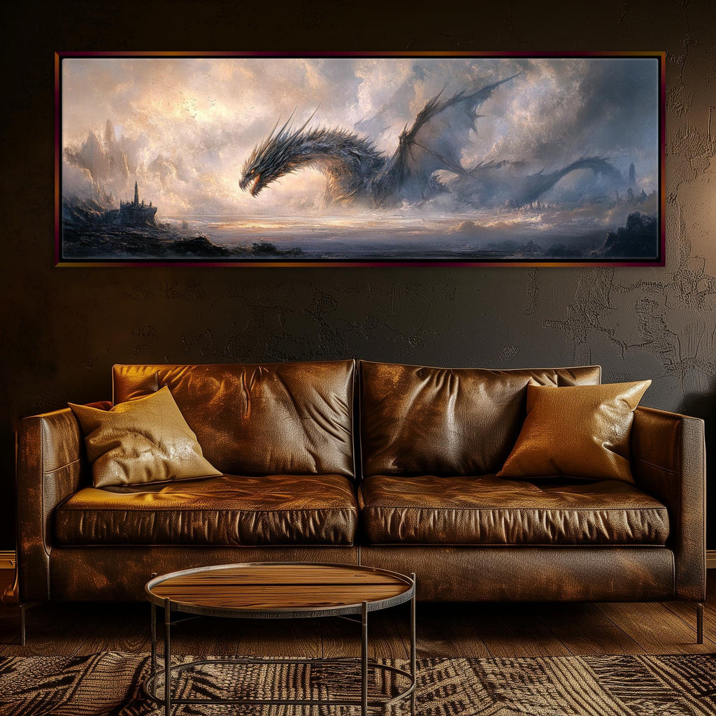 a living room with a couch and a large painting on the wall