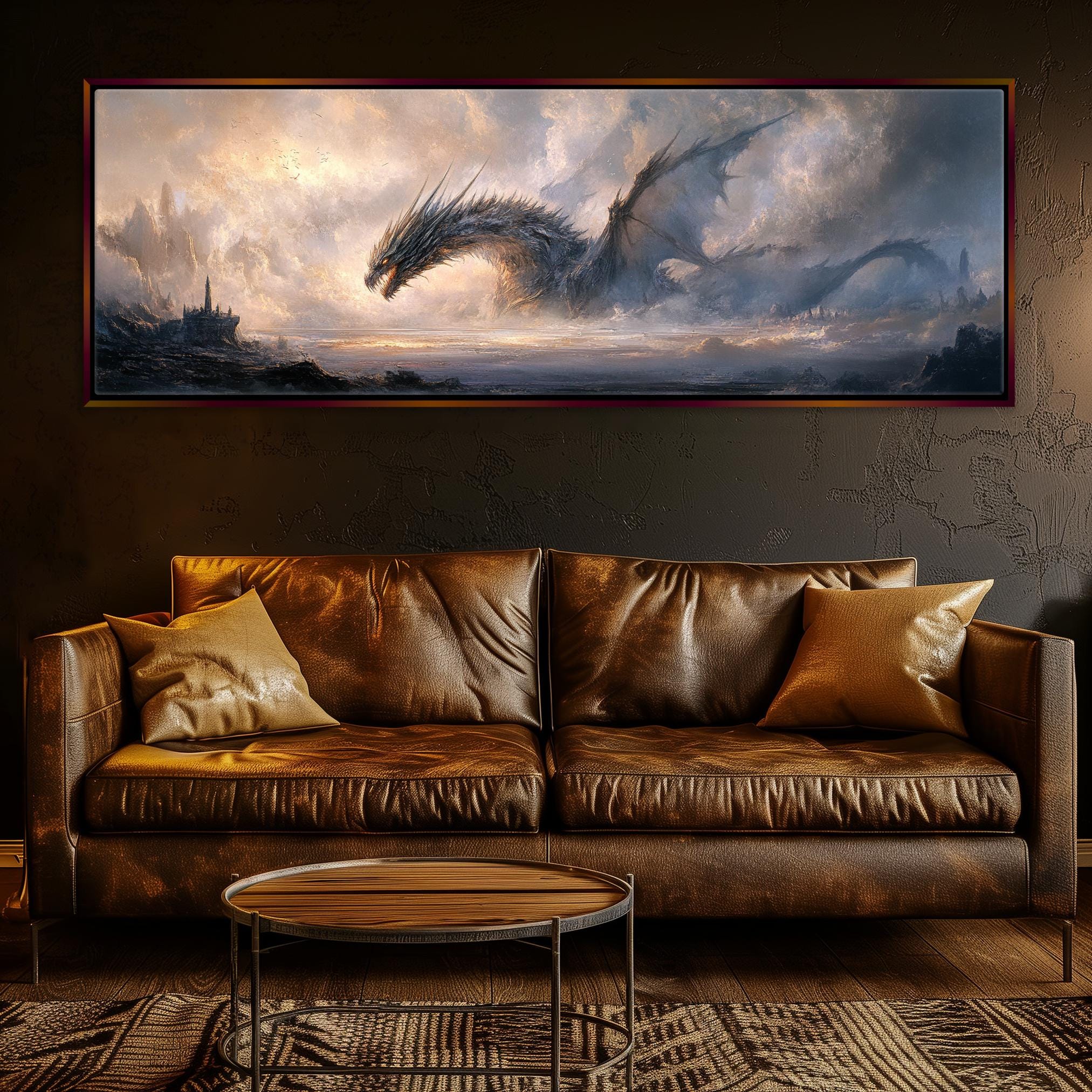 a living room with a couch and a large painting on the wall
