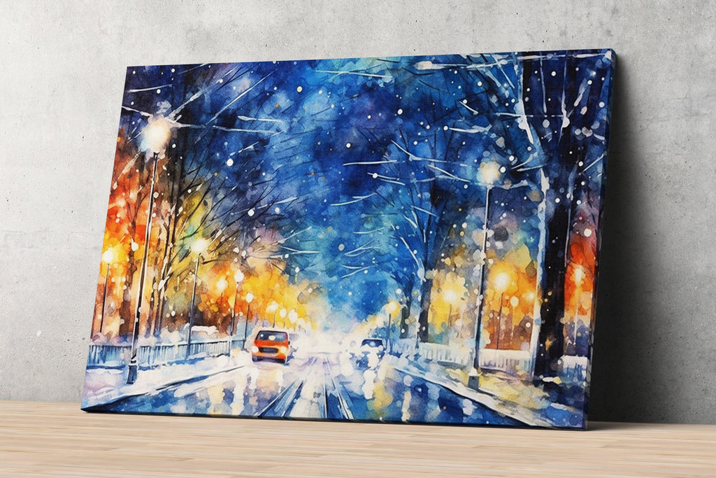 Enchanting Winter Scene Watercolor Wall Art, Giclee Print on Canvas, Artist Paper, Watercolor Paper, Available in Extra Large Sizes