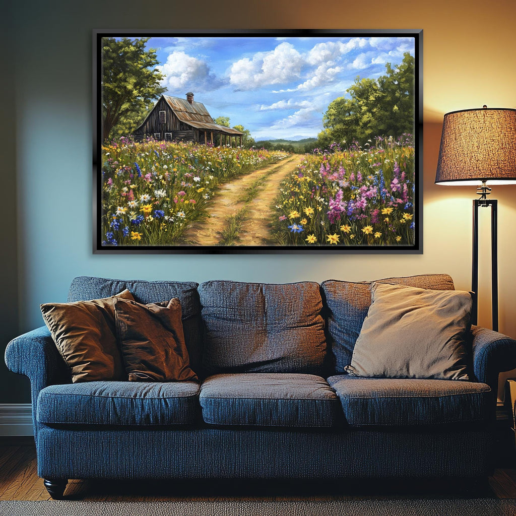 a living room with a couch and a painting on the wall