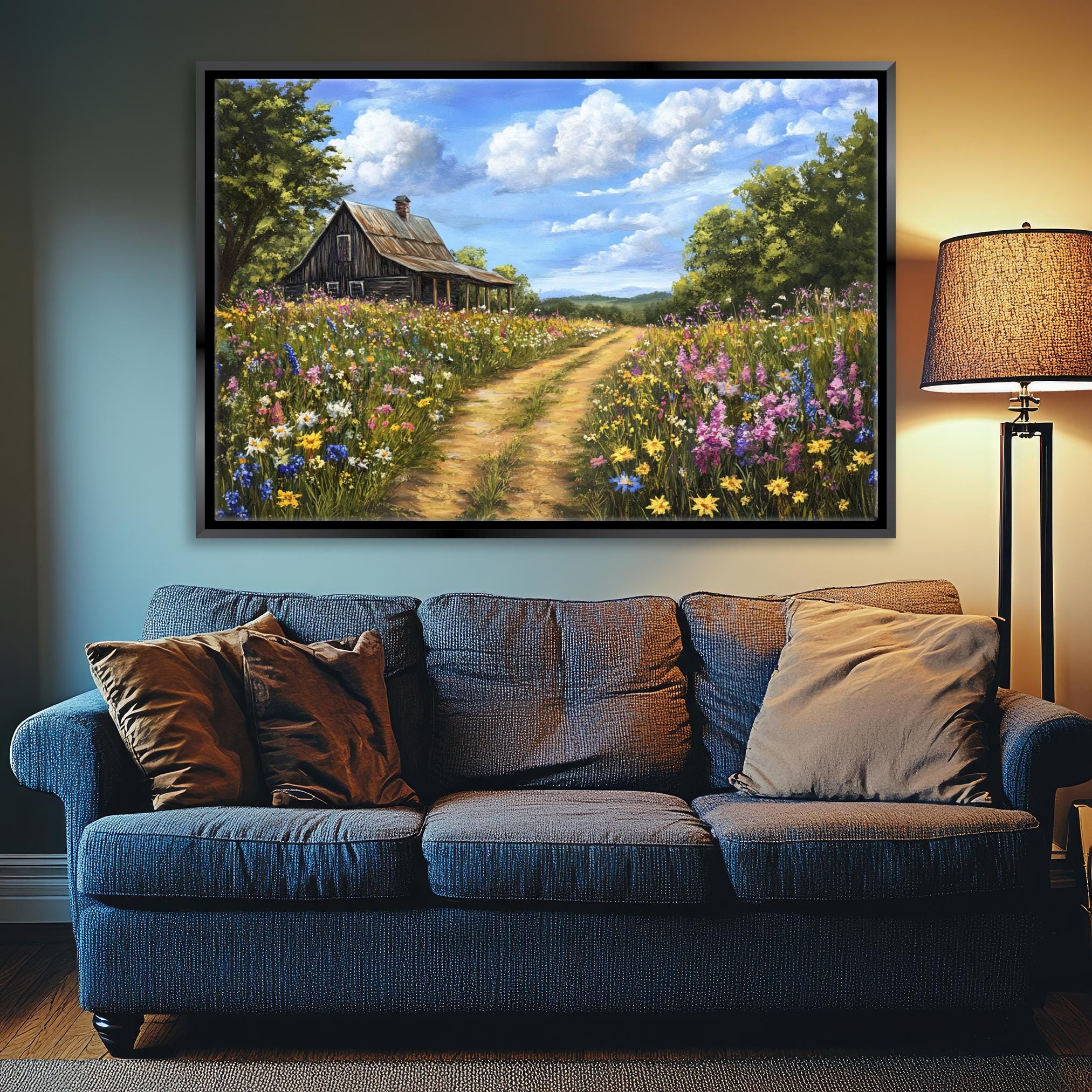 a living room with a couch and a painting on the wall