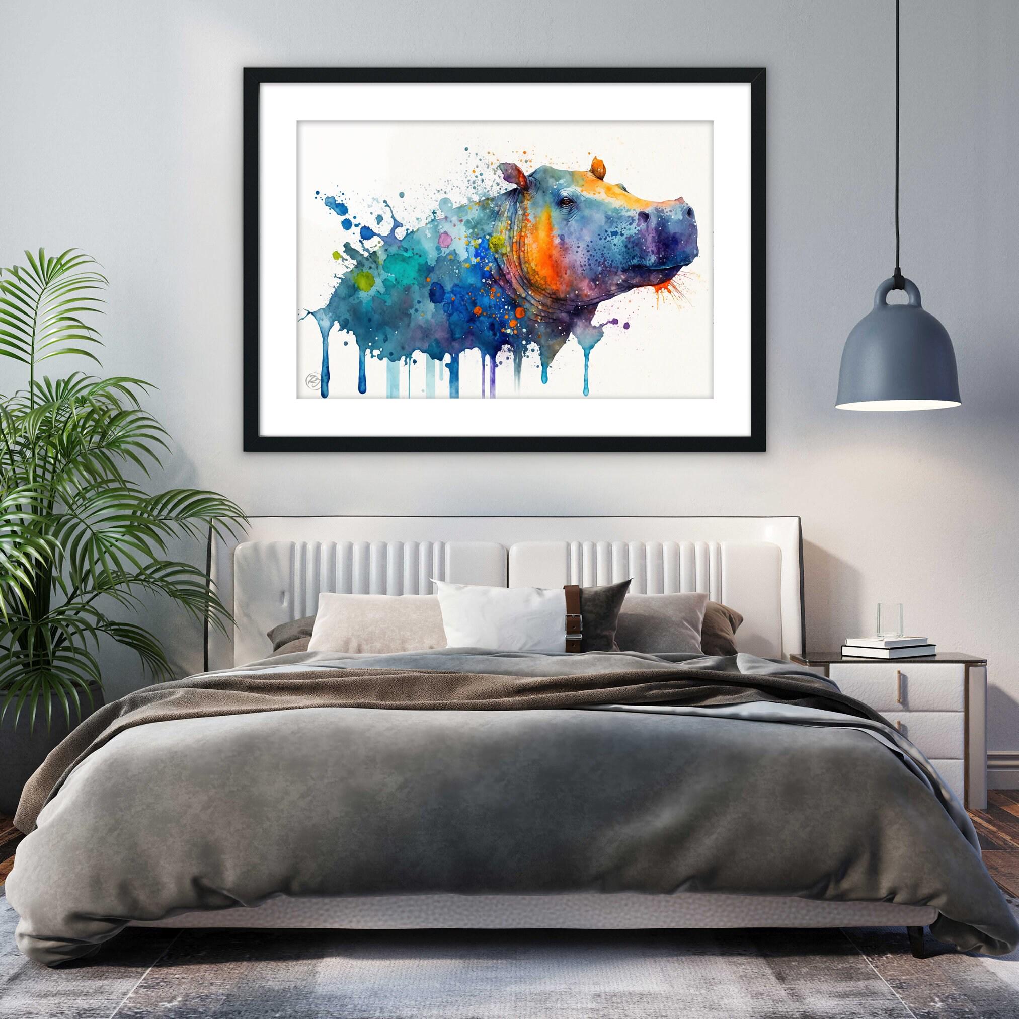 Wildlife Majesty: Hippopotamus Watercolor Painting, Giclee Print on Canvas, Artist Paper, Watercolor Paper, Available in Extra Large Sizes