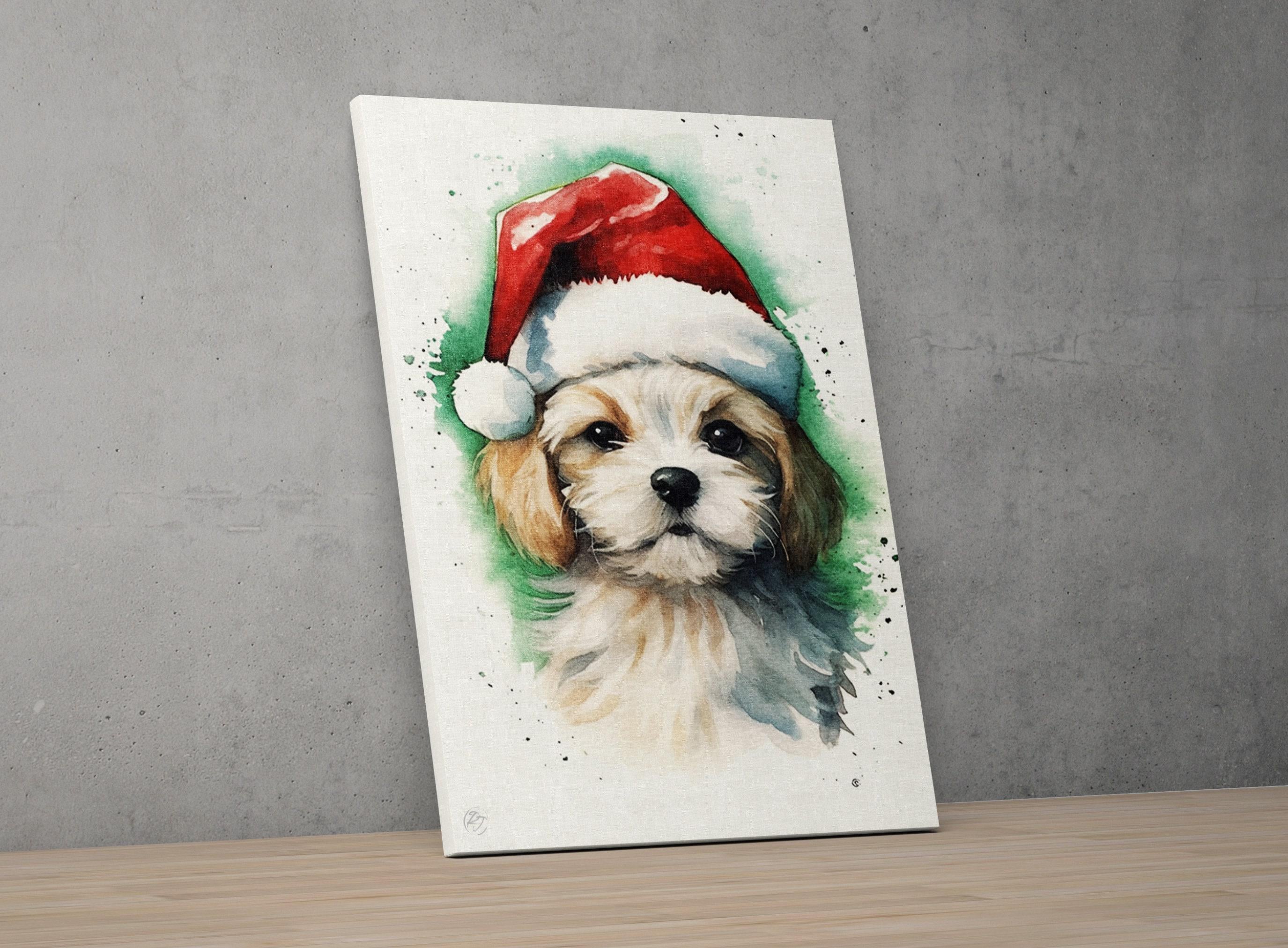 Adorable Puppy in Santa Hat Watercolor Art Print, Giclee Print on Canvas, Artist Paper, Watercolor Paper, Available in Extra Large Sizes