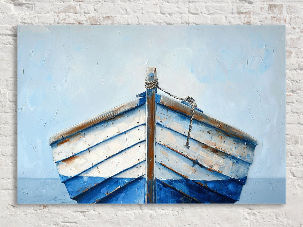 Blue White Wooden Boat - Nautical Wall Art | Large Gallery Wrapped Canvas Print