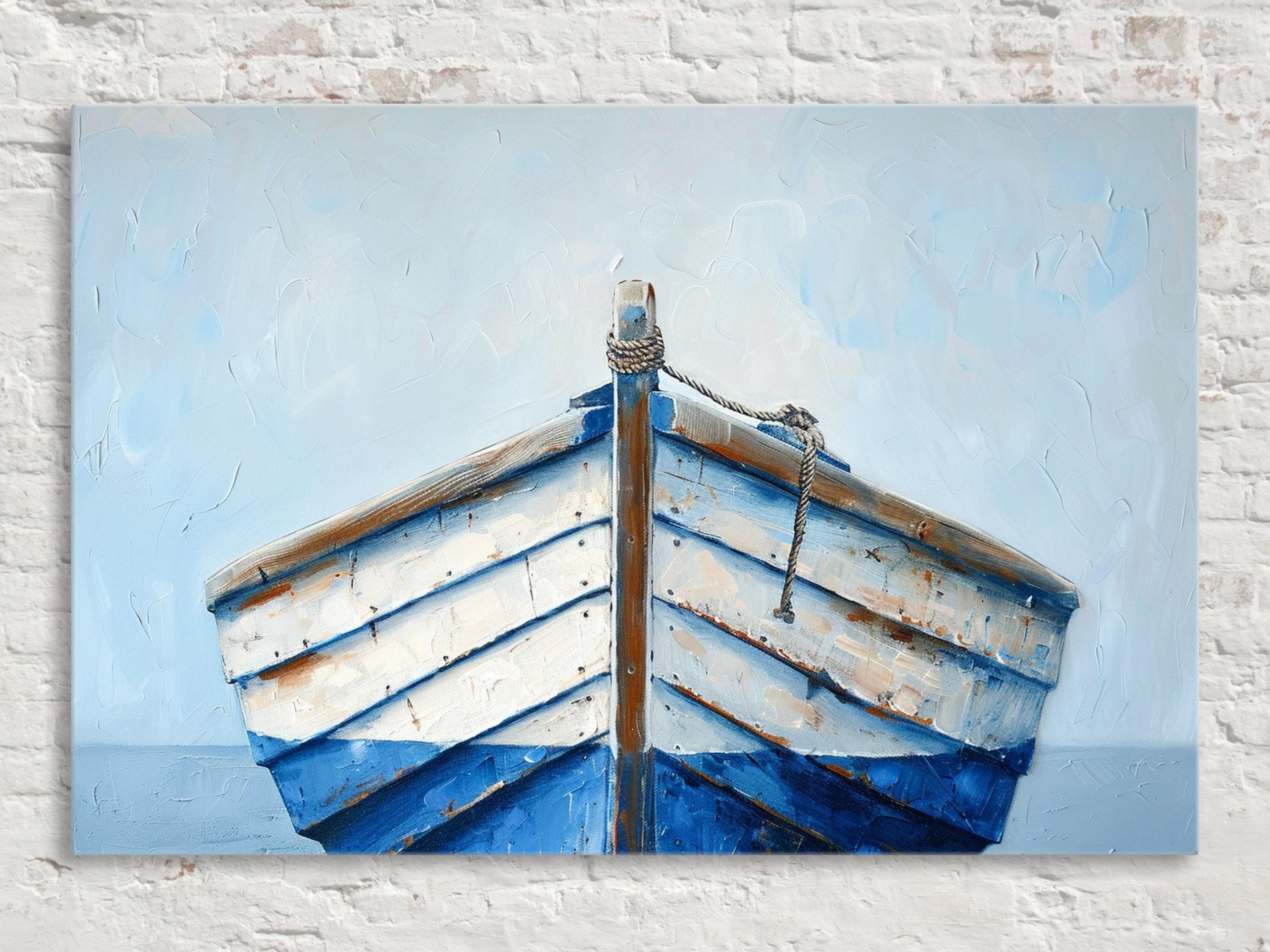 Blue White Wooden Boat - Nautical Wall Art | Large Gallery Wrapped Canvas Print