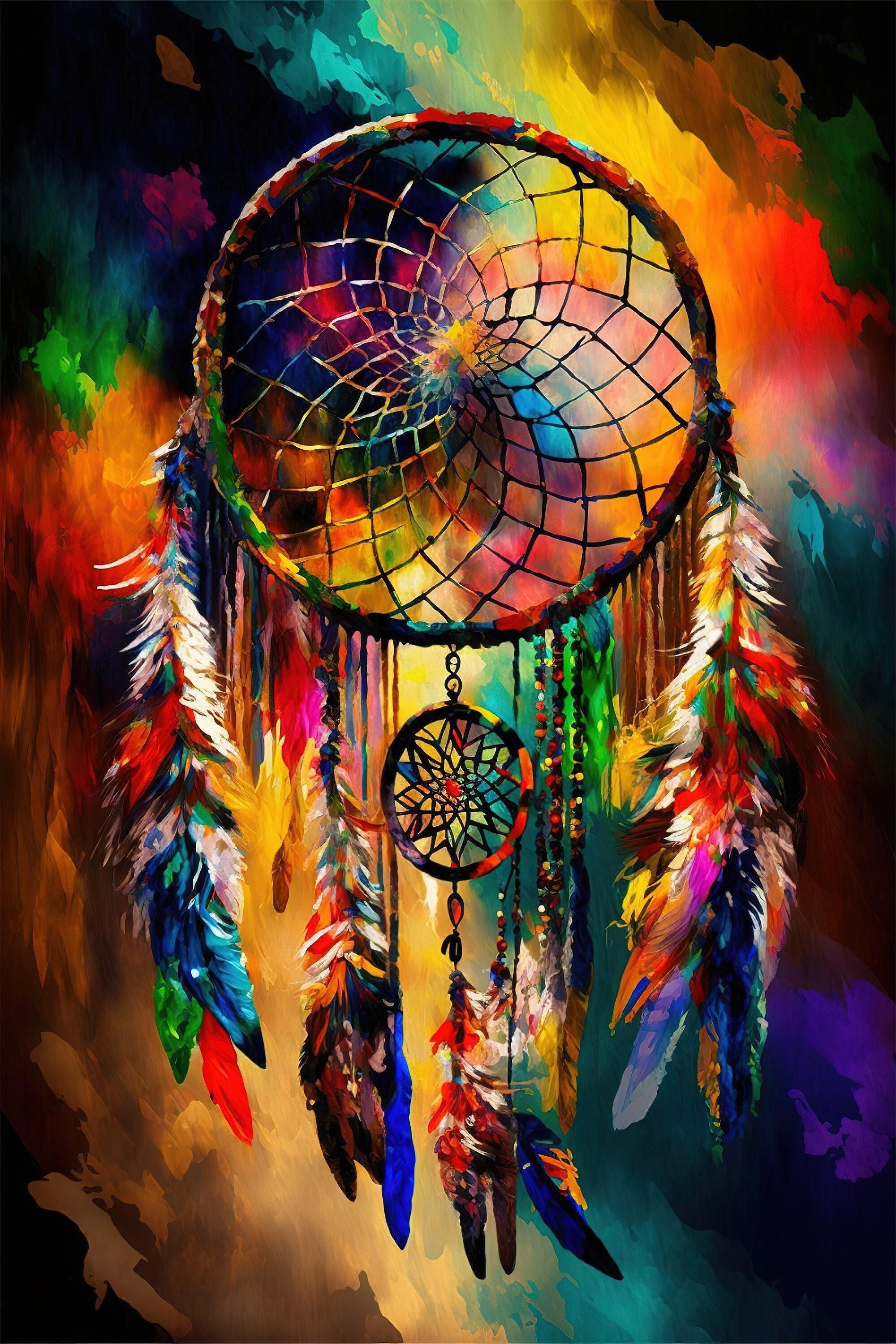 Dreamcatcher Art Print – Native American Canvas with Vibrant Peacock Design