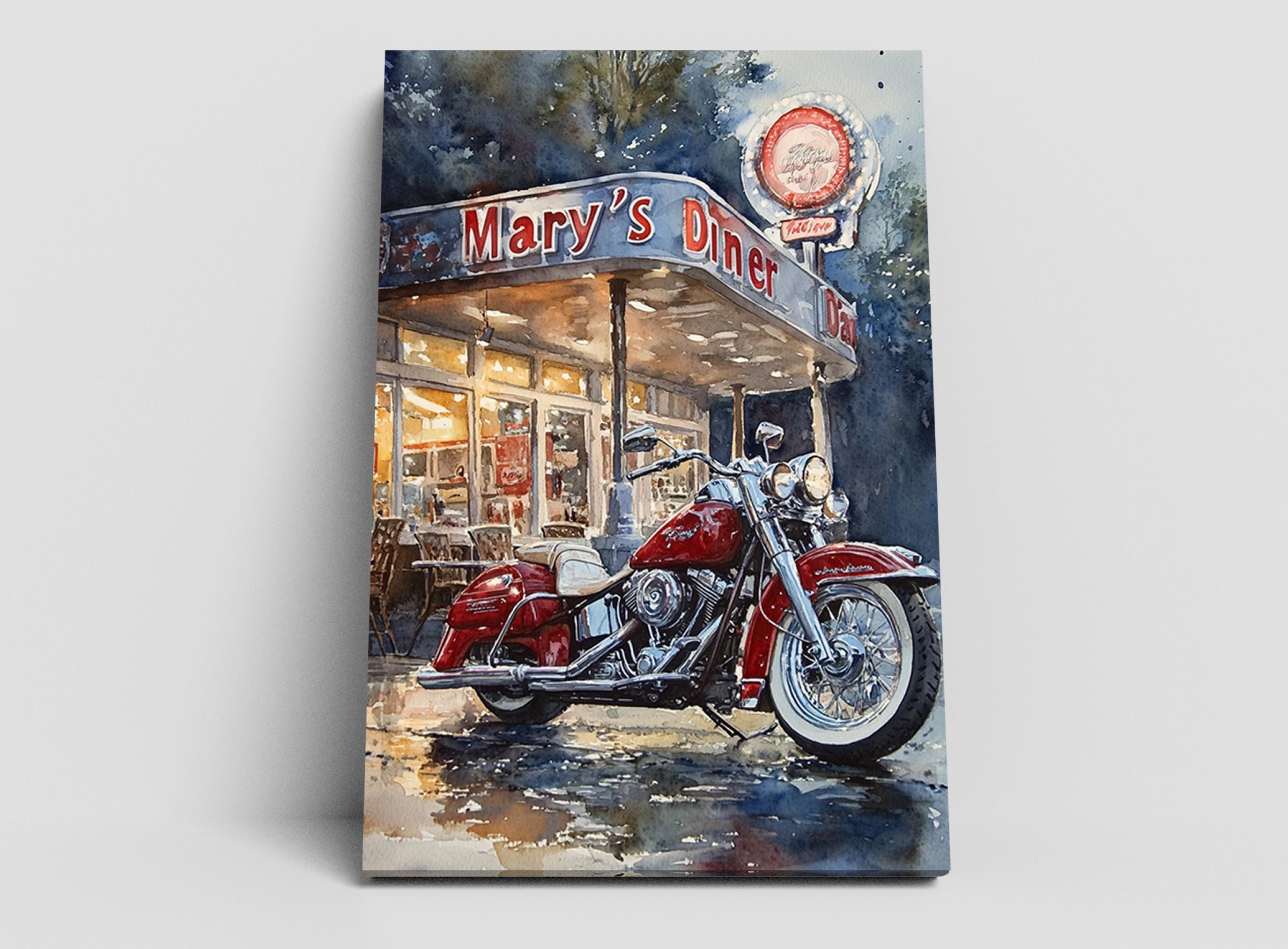 A red motorcycle parked in front of a diner named "Mary's Diner", with a neon sign and a tree in the background.