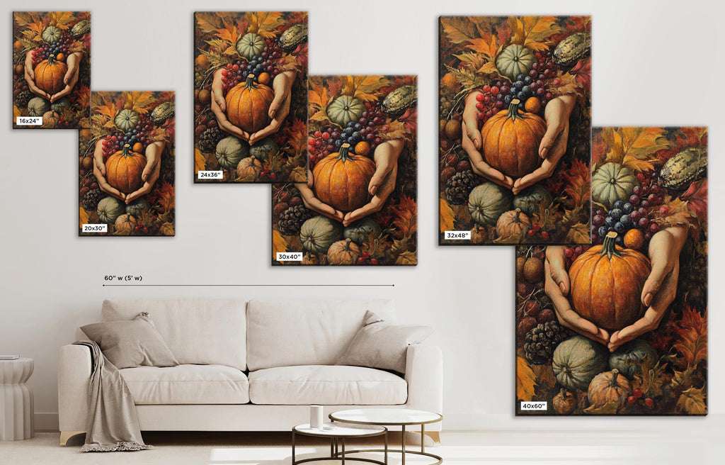 The image is a collage of multiple images depicting various fruits and vegetables, including pumpkins, grapes, and apples, along with a person's hands holding them. The collage is displayed on a wall, and there is a white couch in the foreground.