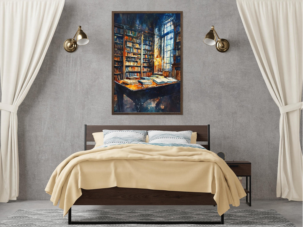 a cozy bedroom with a large bed, a nightstand, and a bookshelf filled with books. The room has a neutral color scheme with beige curtains and a gray wall. Above the bed, there is a framed painting of a bookshelf with books, creating a warm and inviting atmosphere.