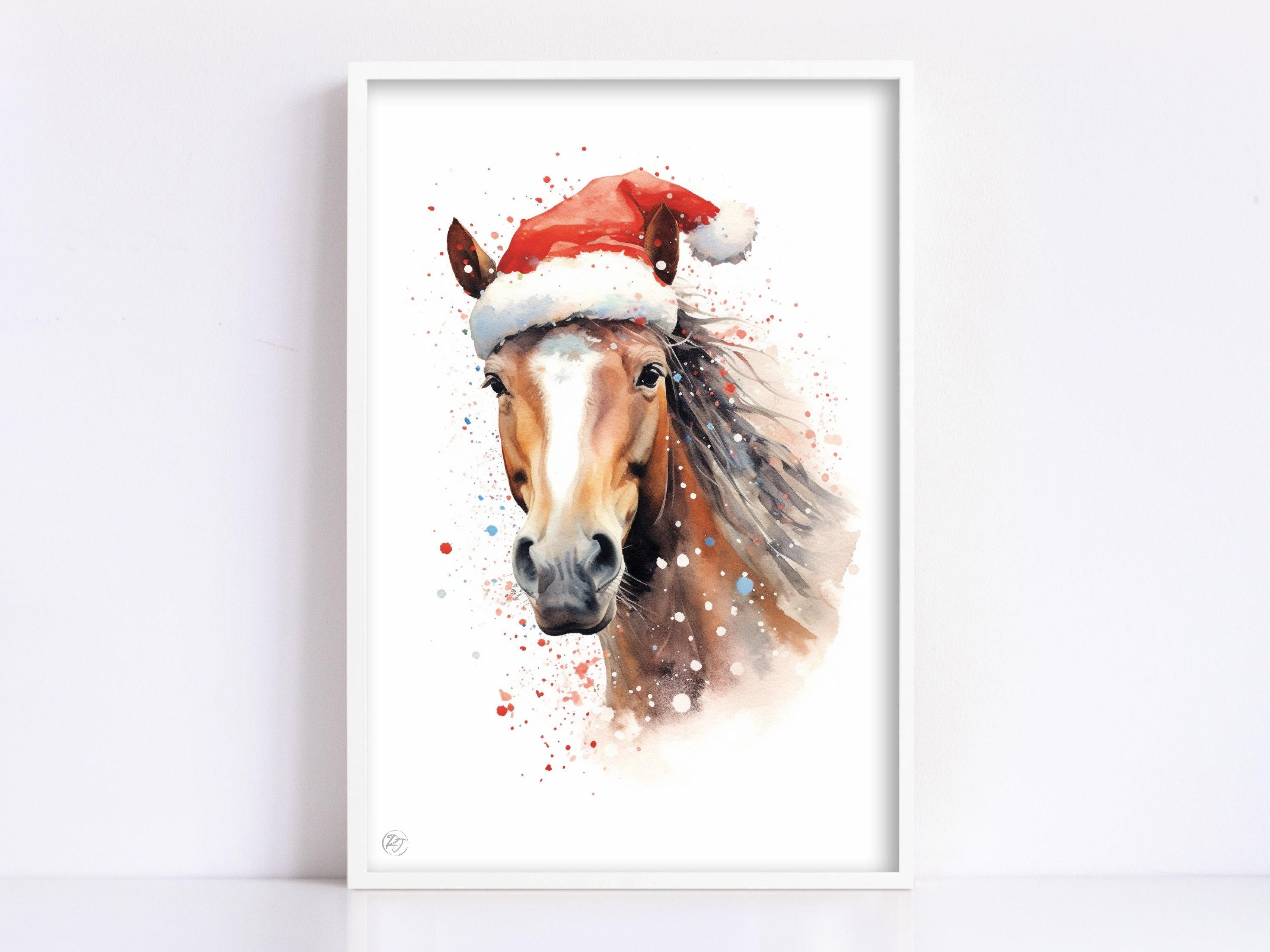 Christmas Equine - Watercolor Horse with Santa Hat, Giclee Print on Canvas, Artist Paper, Watercolor Paper, Available in Extra Large Sizes