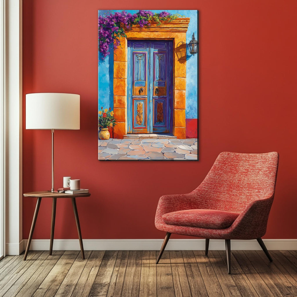 a painting of a blue door and a red chair