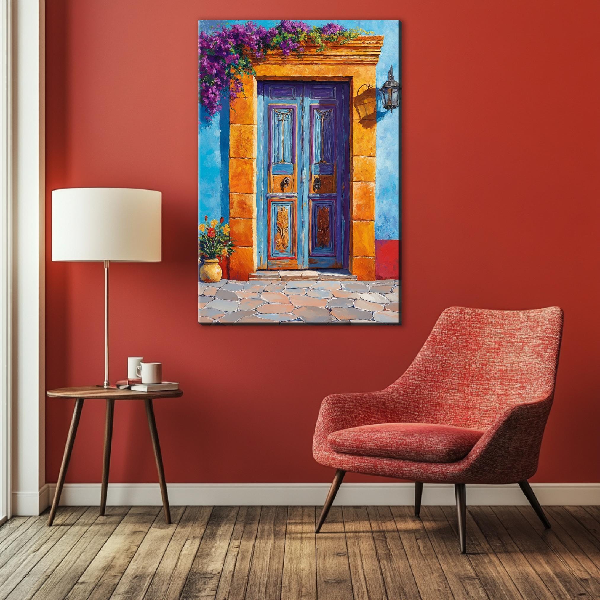a painting of a blue door and a red chair
