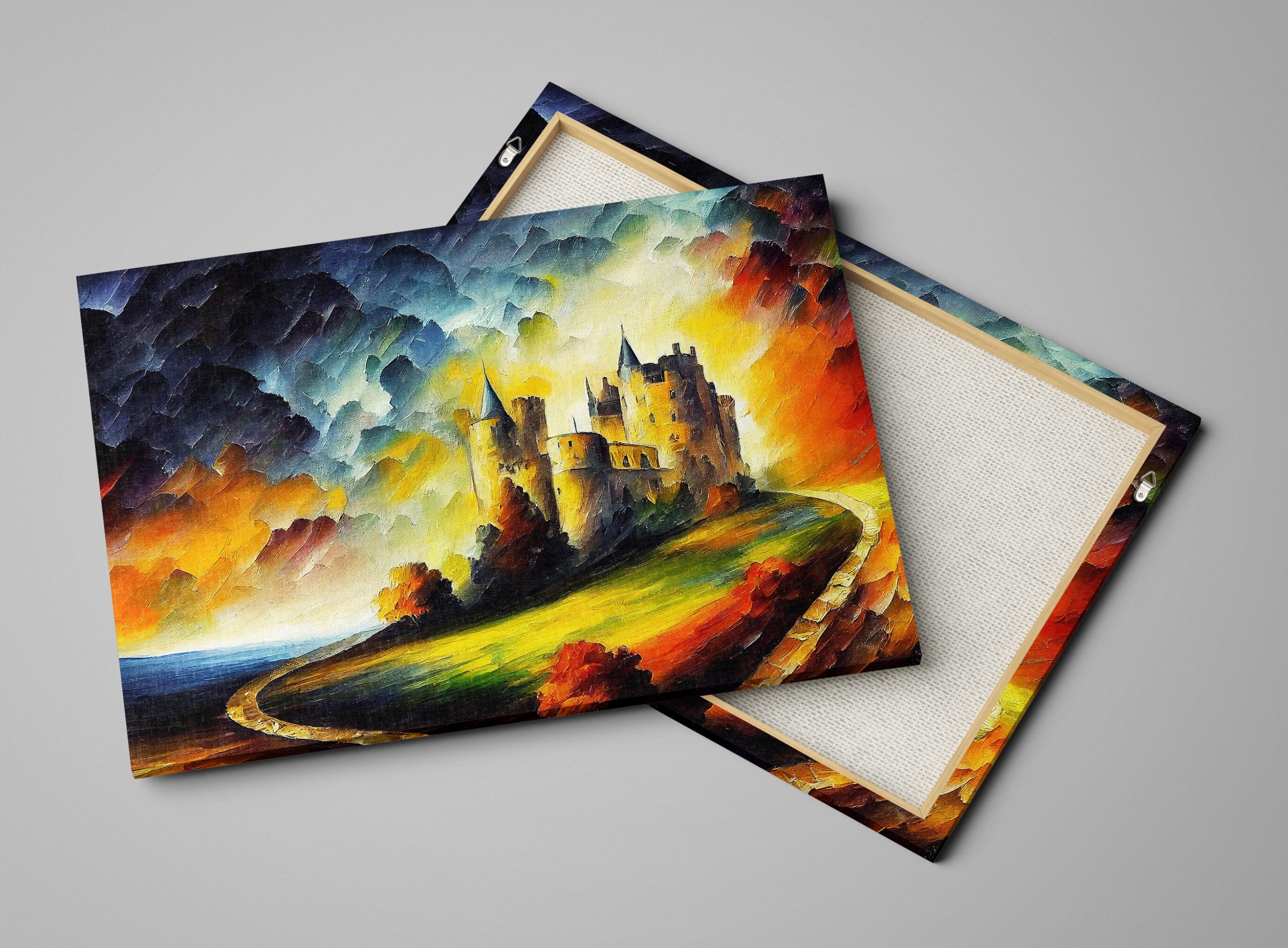 Castle Canvas Wall Art – Fantasy Oil Painting with Vibrant Colorful Decor