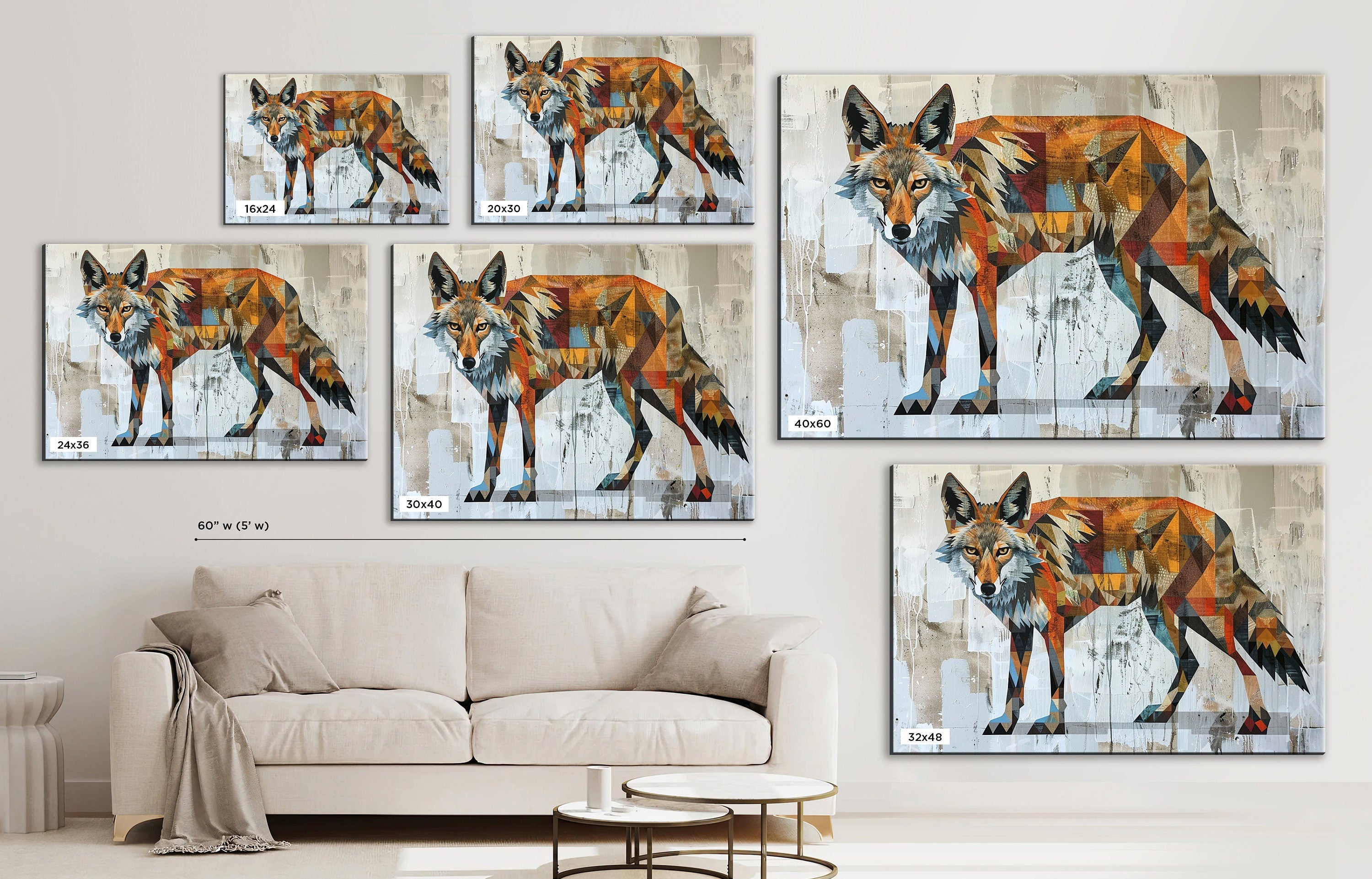 Modern Coyote Art | Large Canvas Art with Expressive Brush Strokes – UV Coated, Ready to Hang